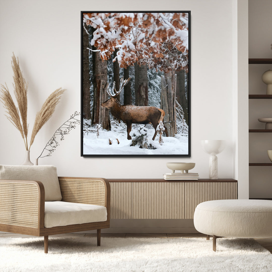 Serene Landscape Wall Art Canvas Print, Framed Winter Wonderland Art Picture Print, Winter Deer Canvas Perfect Rustic Cabin Decor Artwork