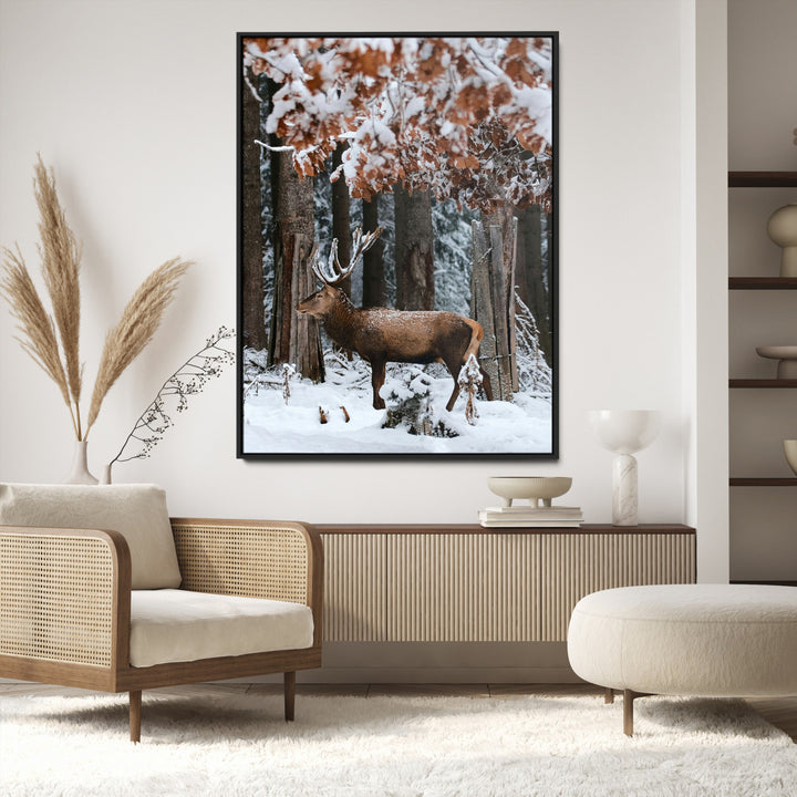 Serene Landscape Wall Art Canvas Print, Framed Winter Wonderland Art Picture Print, Winter Deer Canvas Perfect Rustic Cabin Decor Artwork