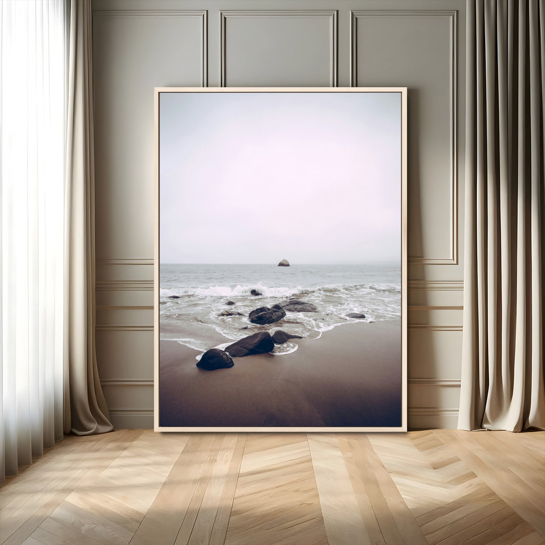 Moody Seascape Wall Art Canvas Print, Framed Neutral Foggy Ocean Beach Art, Minimalist Decor