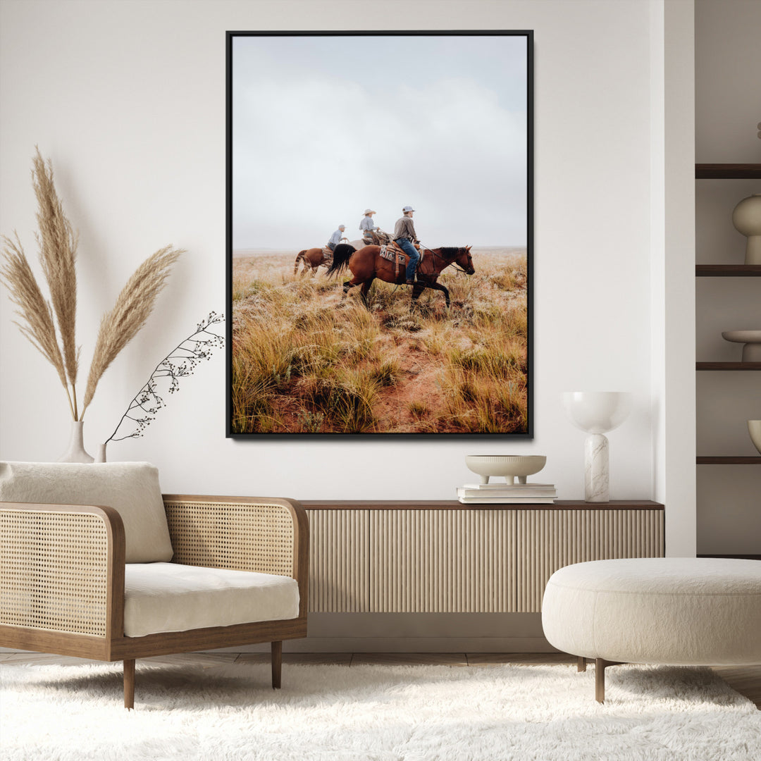 Golden Grassland Wall Art Canvas Print, Framed Western Frontier Mood Art Picture Print, Open Range Riders Perfect Rustic Western Decor