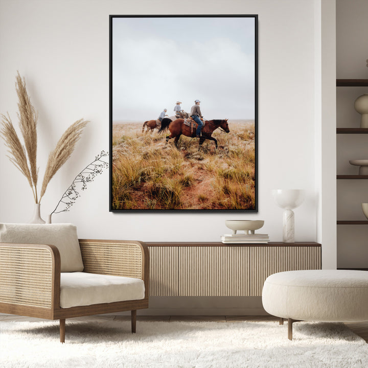 Golden Grassland Wall Art Canvas Print, Framed Western Frontier Mood Art Picture Print, Open Range Riders Perfect Rustic Western Decor
