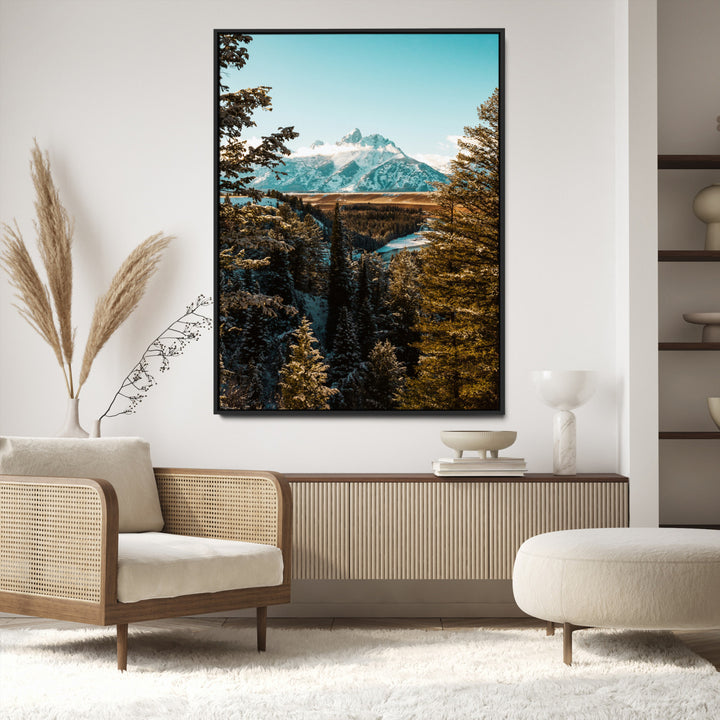 Mountain Landscape Wall Art Canvas Print, Framed Snowy Peaks Art Picture Print, Nature Photography Perfect Rustic Lodge Decor Artwork