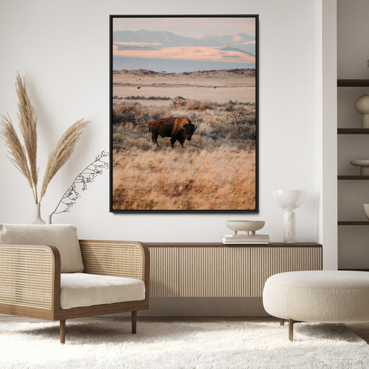 Solitary Buffalo Wall Art Canvas Print, Framed Golden Prairie Art Picture Print, Earthy Tones Perfect Rustic Western Decor Artwork