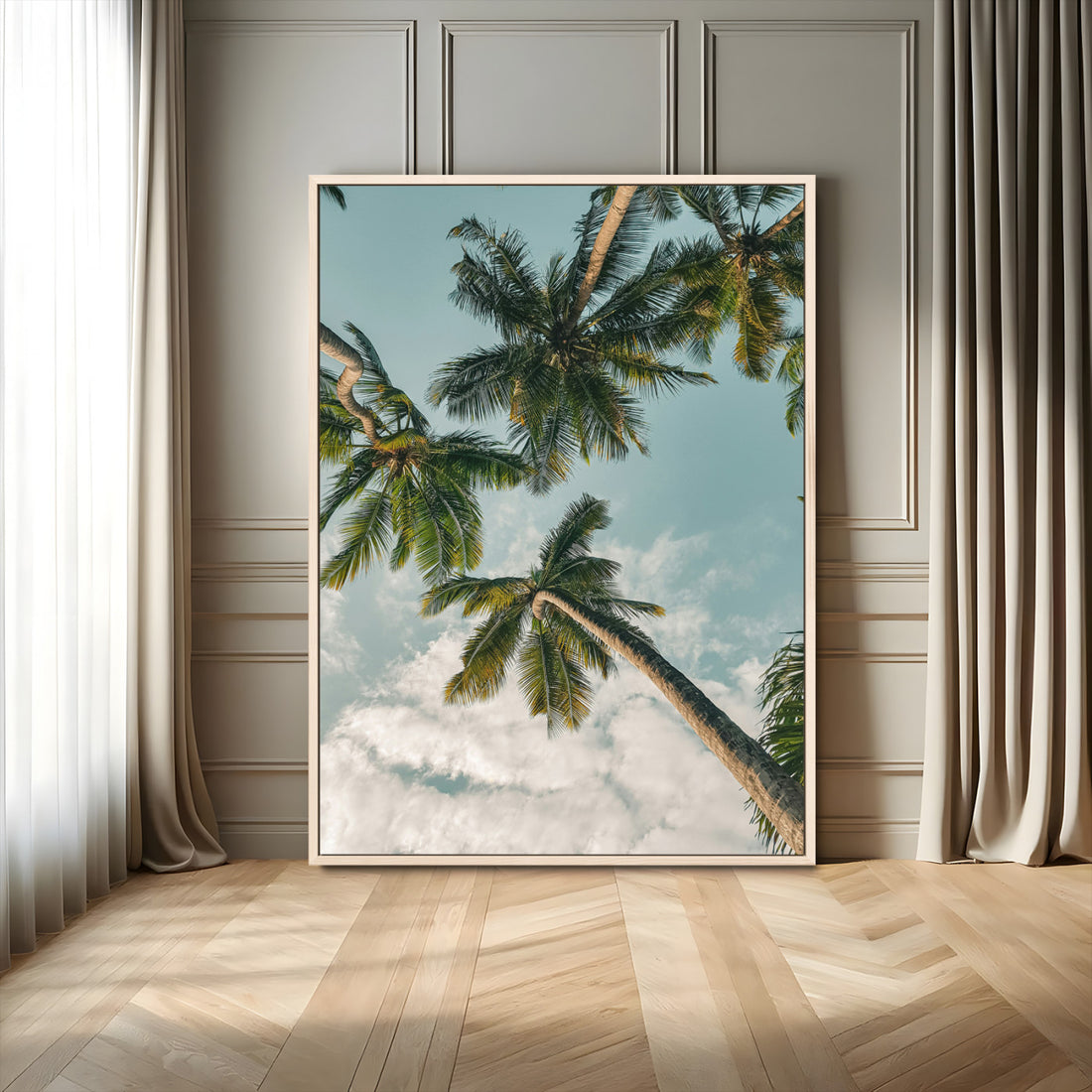 Tropical Palm Trees Wall Art Canvas Print, Framed Coastal Nature Art, Relaxing Summer Vibes Boho Decor