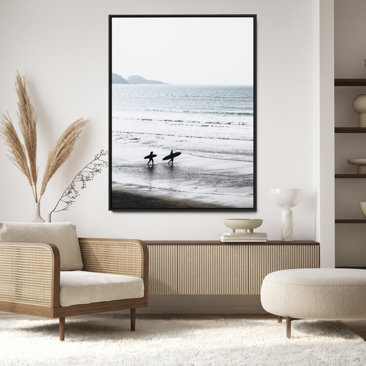 Surfer Silhouettes Wall Art Canvas Print, Framed Minimalist Ocean Art Picture Print