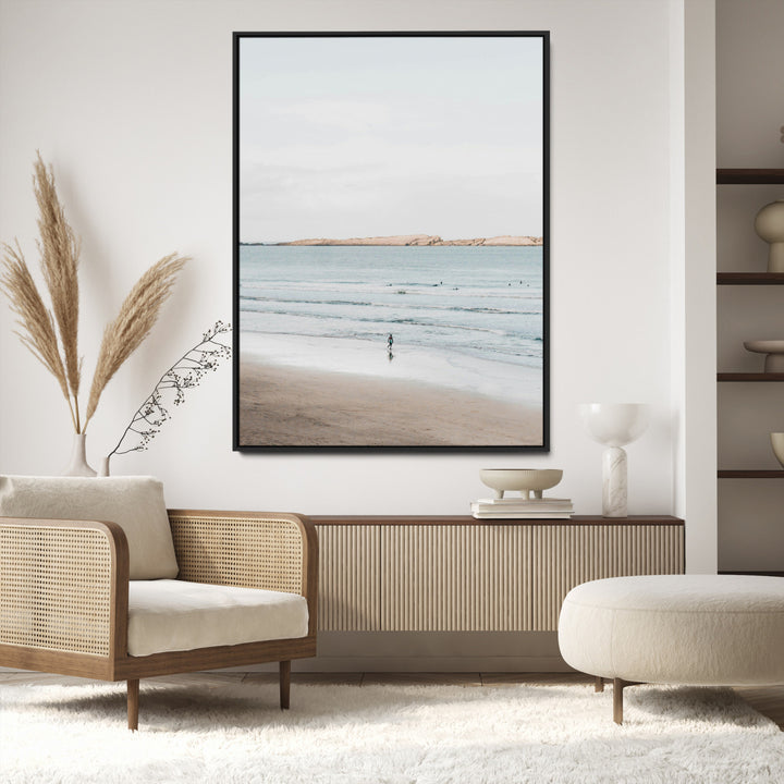 Minimalist Beach Art Canvas Print, Soft Blue Tones Print, Framed Tranquil Ocean Art Print, Large Calm Horizon Printing Coastal,