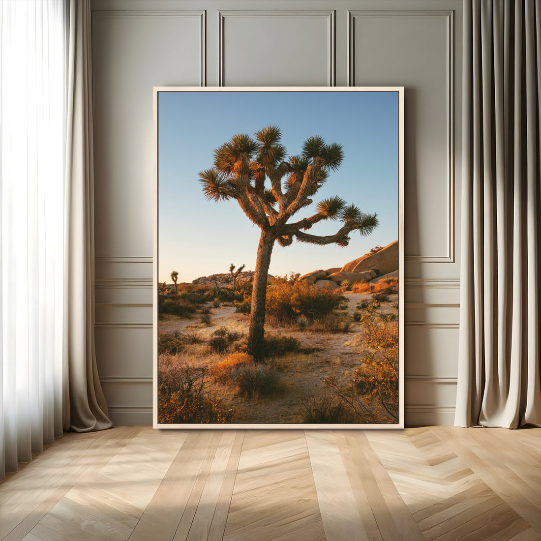 Joshua Tree Wall Art Canvas Print, Framed Desert Sunset Golden Hour Southwestern Art
