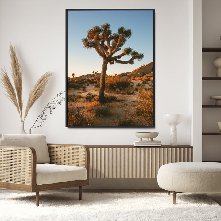 Joshua Tree Artwork Canvas Print, Desert Sunset Print, Framed Golden Hour Light Art Print, Large Southwestern Landscape Printing, Framed