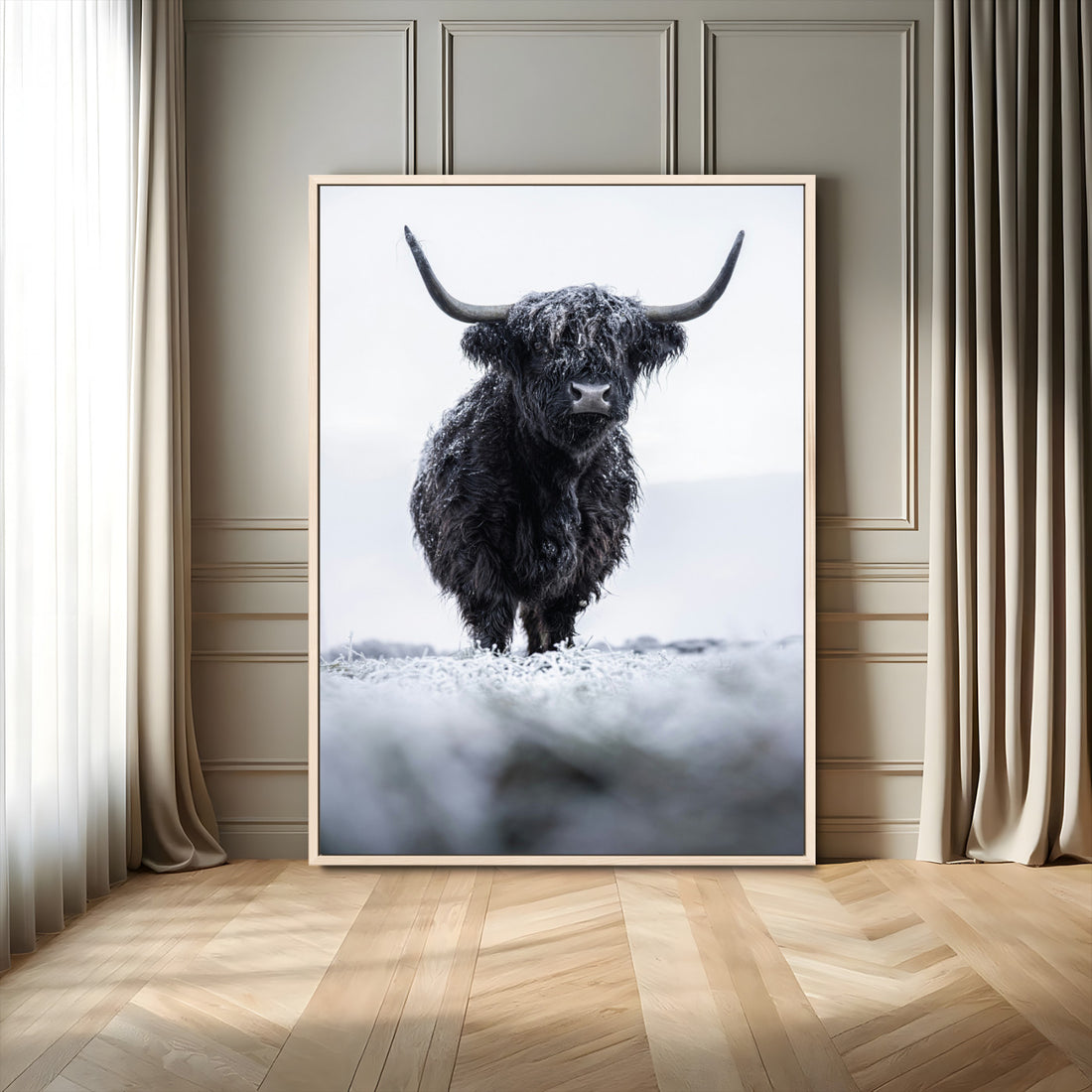 Frosty Black Highland Cow Wall Art Canvas Print, Framed Moody Winter Scottish Cattle