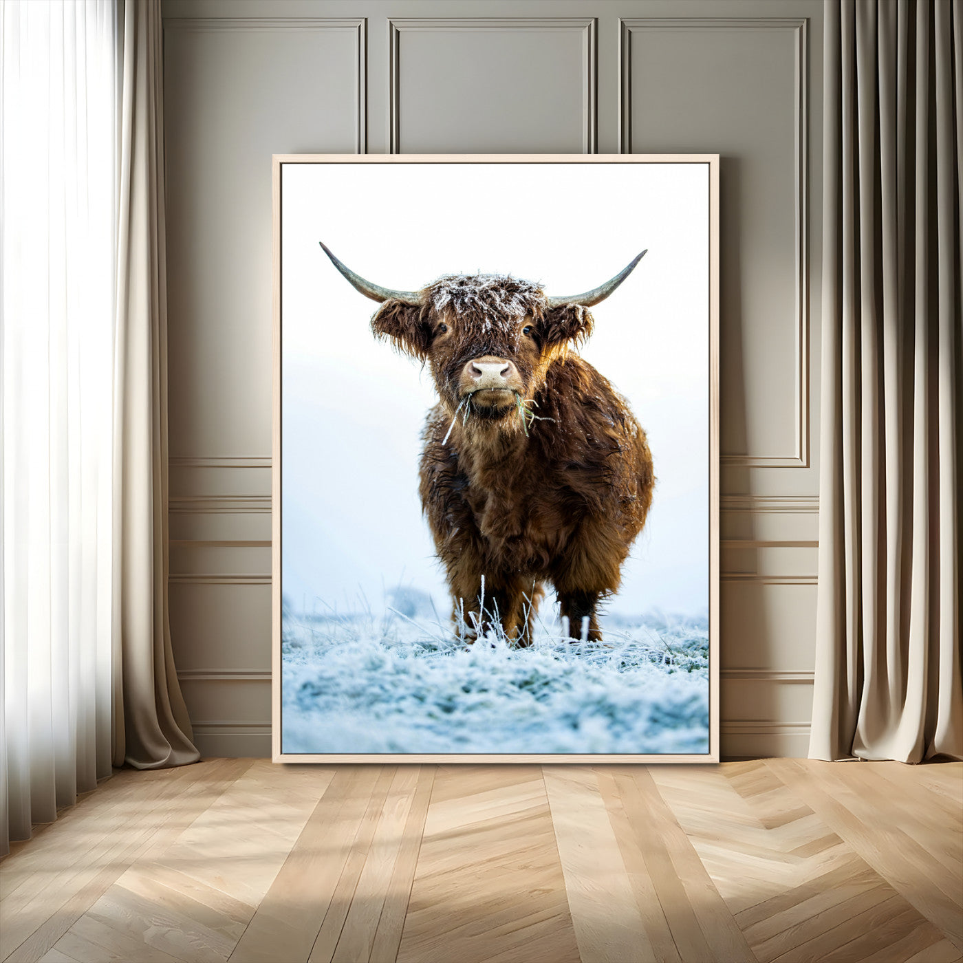 MGV-FC-24X36 - Highland Cow Wall Art Canvas Print, Framed Frosty Grass Art Picture Print, Winter Scene Perfect Rustic Farmhouse Decor Artwork