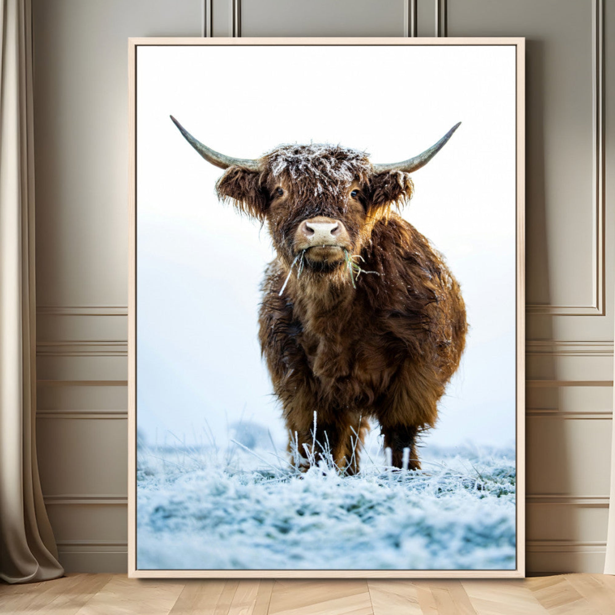 13375128-MGV-FC-24X36_Natural-Highland Cow Wall Art Canvas Print – Framed Frosty Winter Farm Scene with Rustic Cow Artwork for Home, Office
