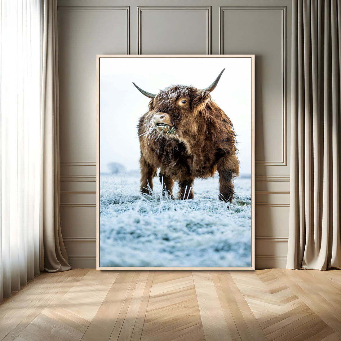 Minimalist Scottish Highland Cow Wall Art Canvas Print, Framed Farmhouse Country Style