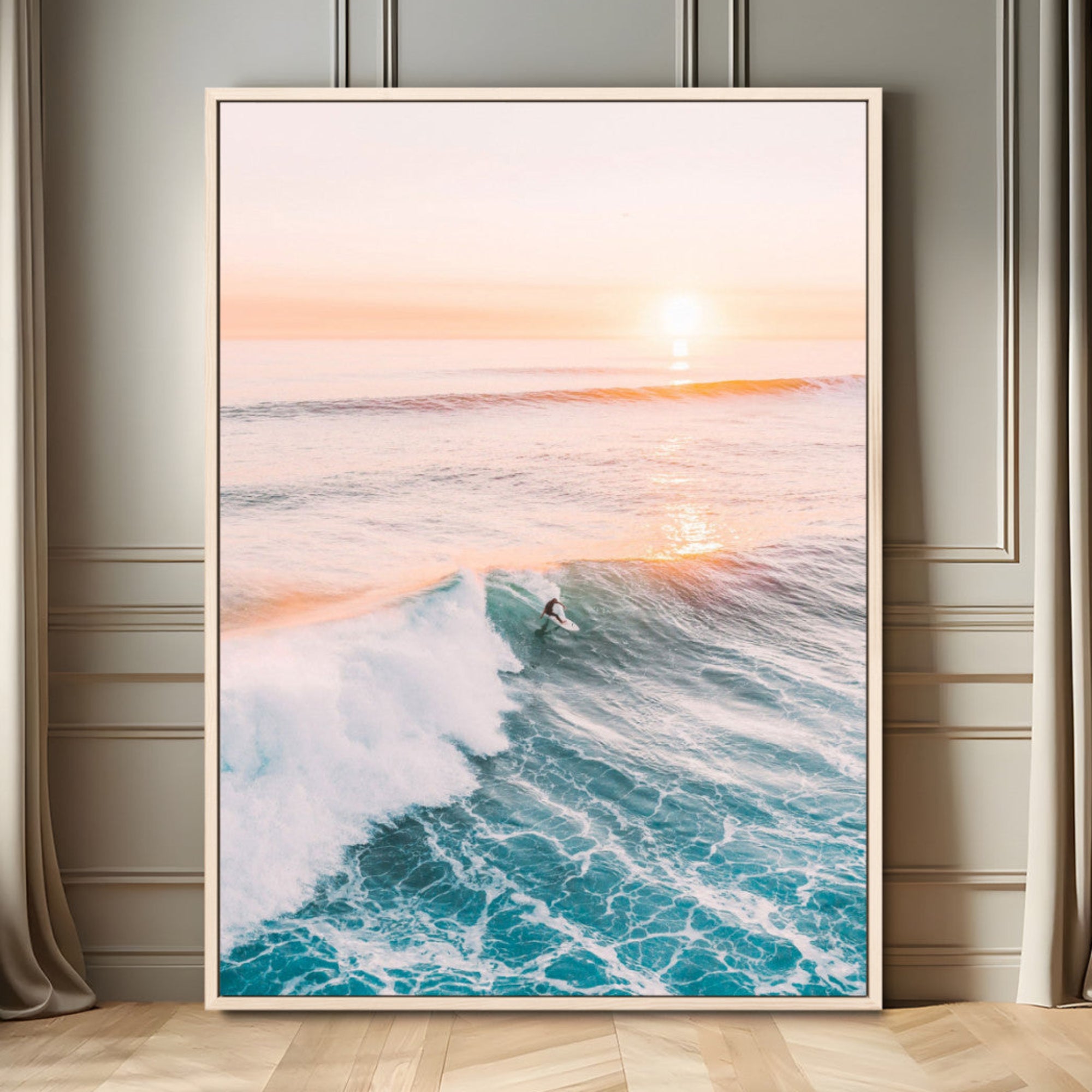 MGV-FC-24X36 - Sunset Surfing Canvas Wall Art – Framed Ocean Wave Surf Scene, Large Coastal Canvas for Beach House,
