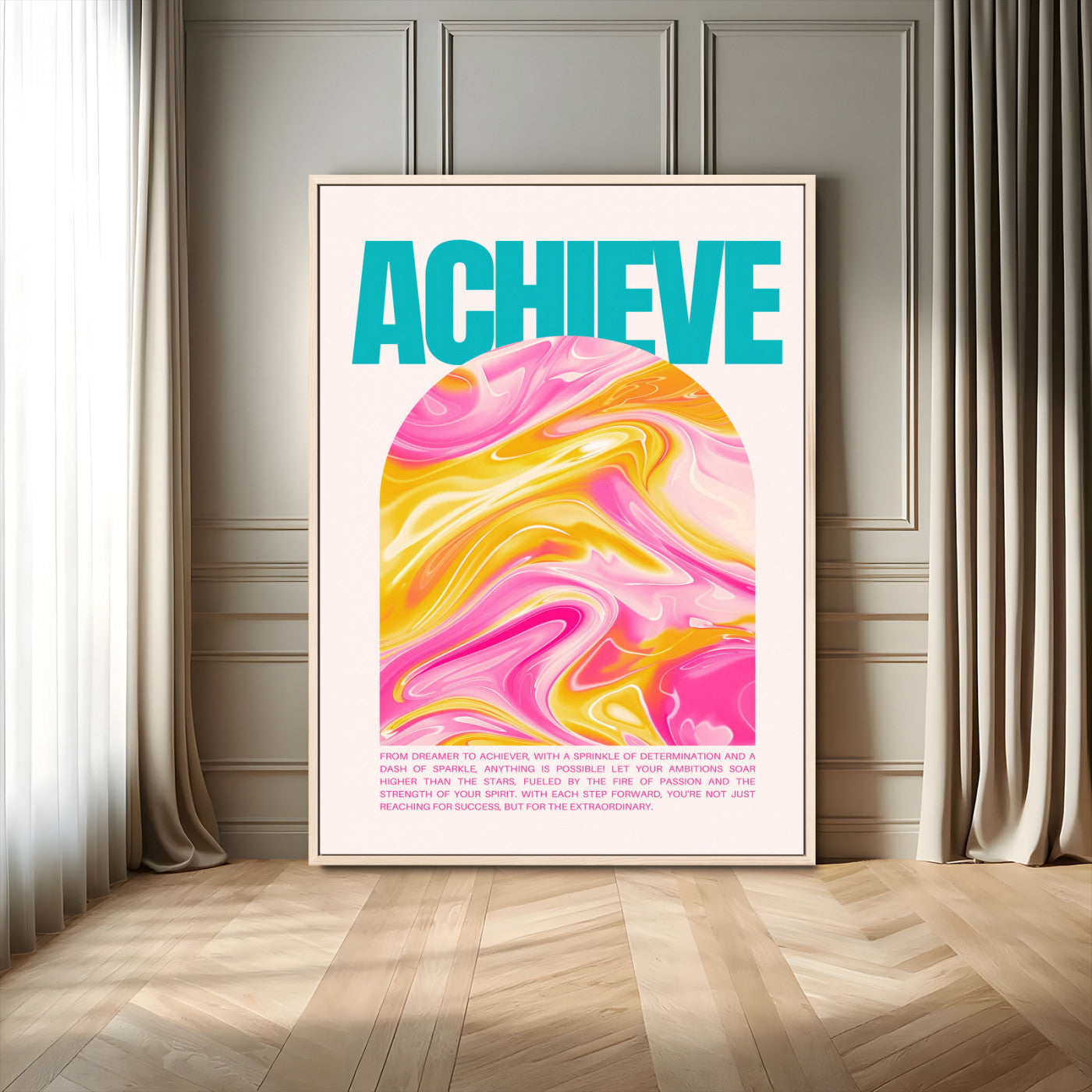 MGV-FC-24X36 - Achieve Motivational Poster Canvas Wall Art – Inspirational Abstract Pink & Yellow Swirls, Positive Quote Decor for Office, Home