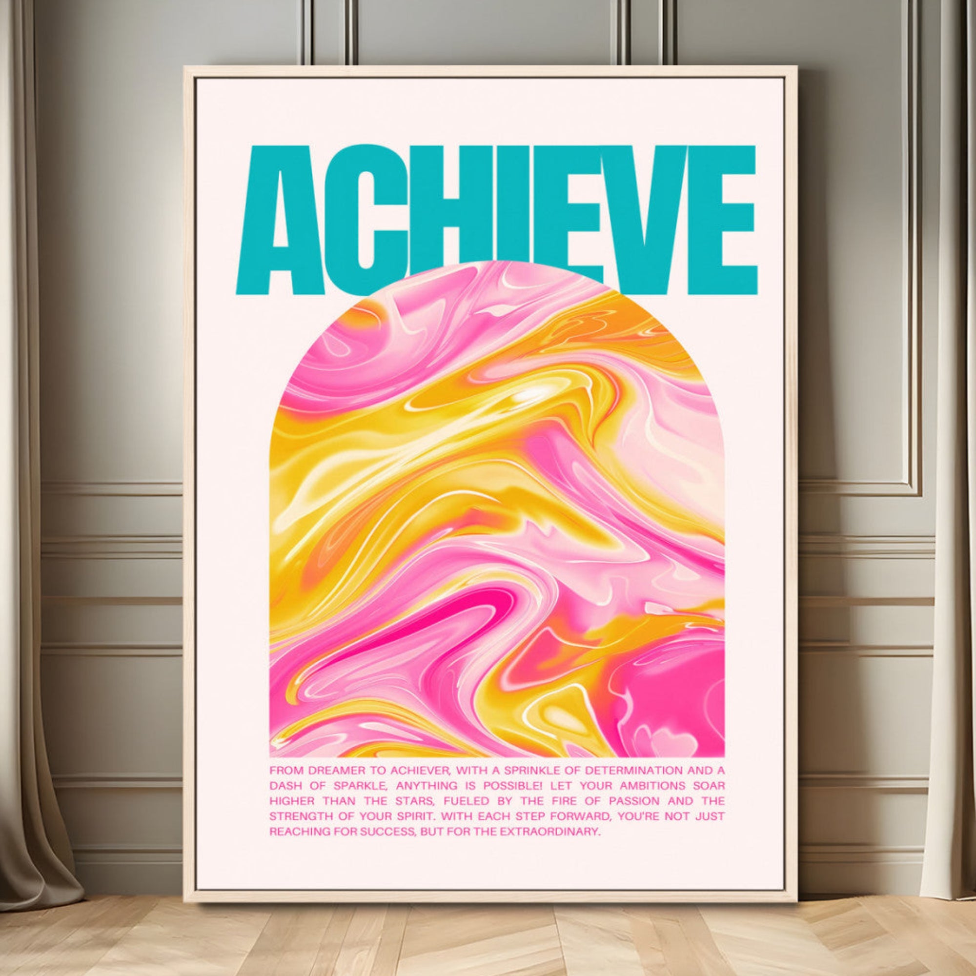 73741288-MGV-FC-24X36_Natural-Achieve Motivational Wall Art – Colorful Abstract Swirl Canvas Artwork, Inspirational Modern Print Decor for Home, Office