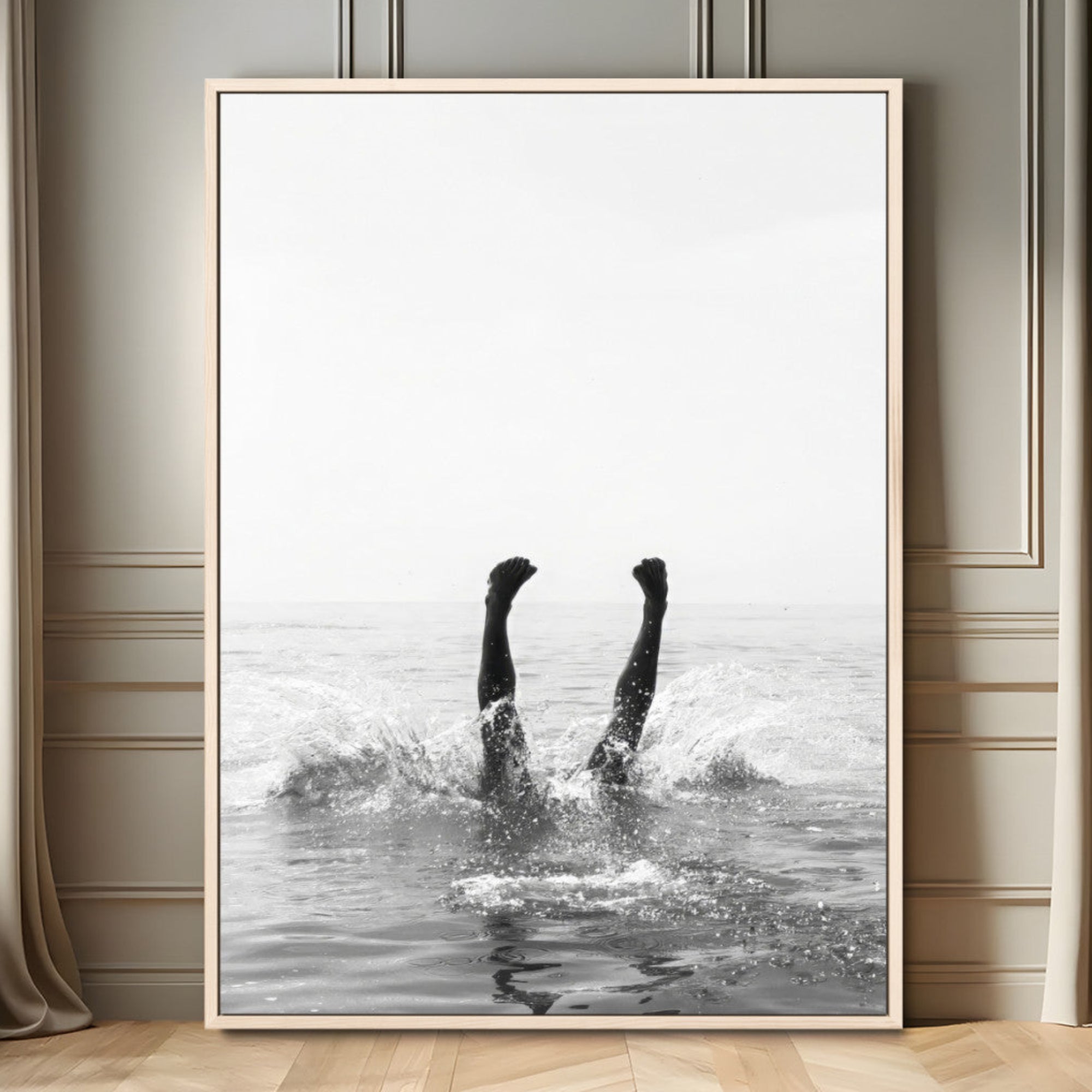 MGV-FC-24X36 - Black and White Splash Canvas Wall Art – Artistic Water Dive Photography, Minimalist Ocean Splash