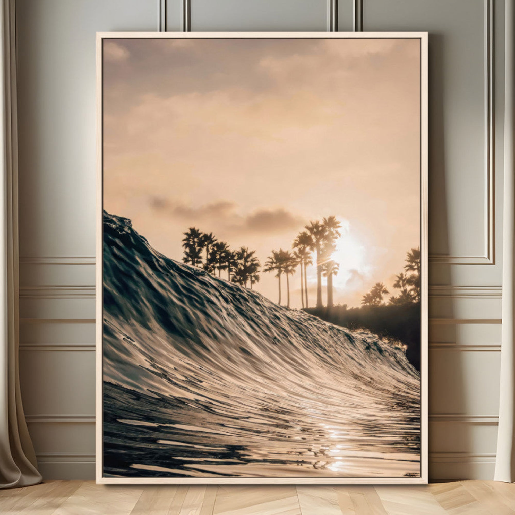MGV-FC-24X36 - Sunset Wave Ocean Canvas Wall Art – Coastal Palm Trees, Surfing Beach Landscape, Large Tropical