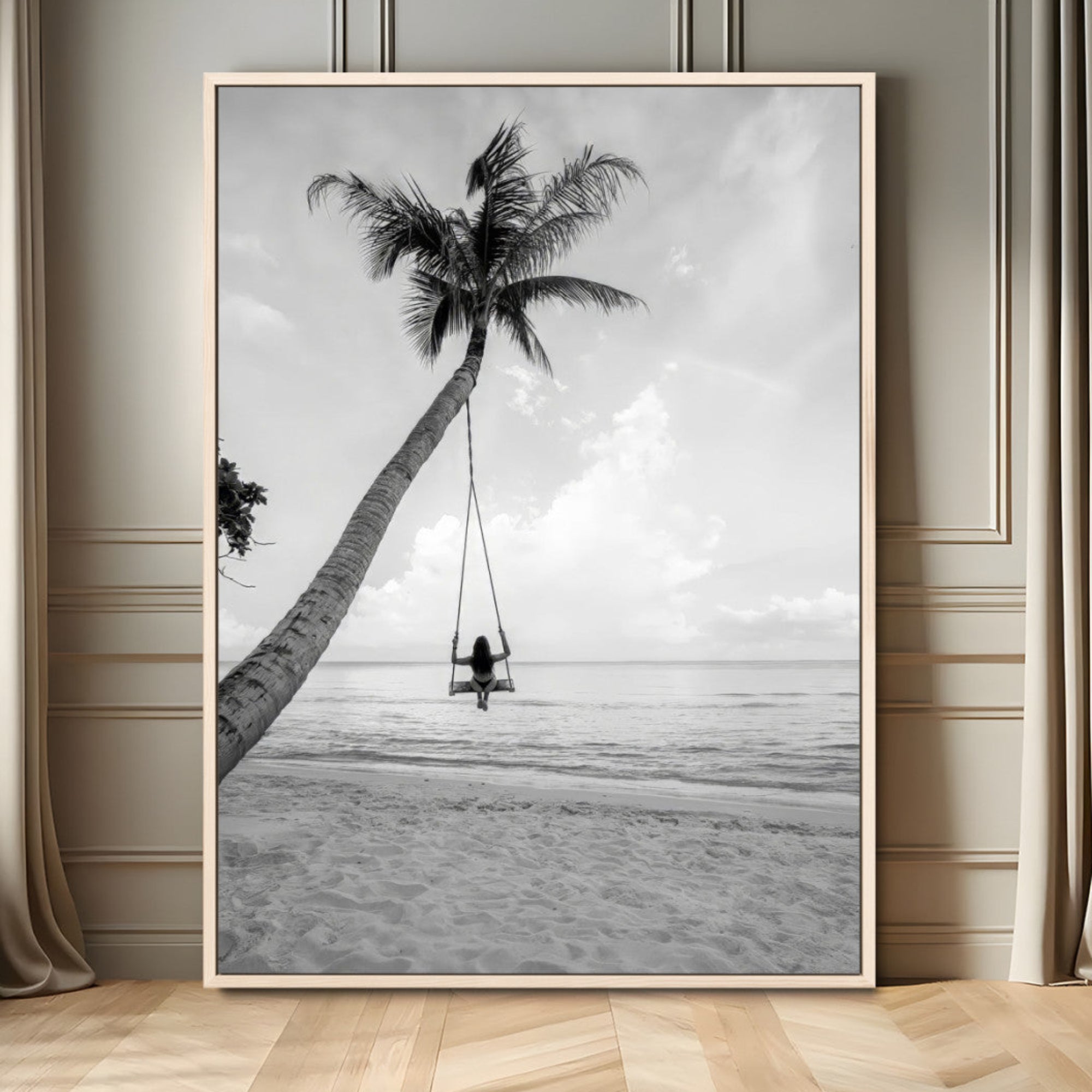 MGV-FC-24X36 - Black and White Palm Tree Swing Canvas Wall Art – Serene Ocean View, Monochrome Tropical Decor,