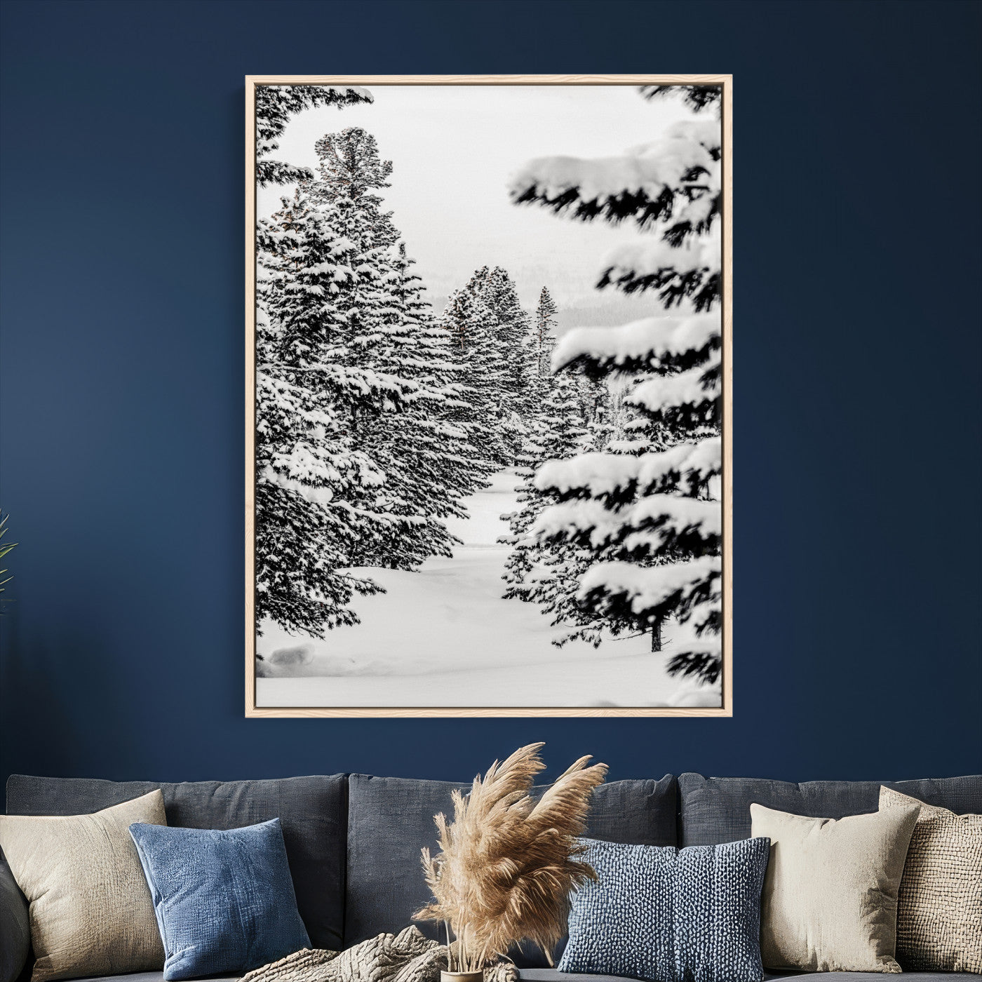 42534505-MGV-CV-24X36 - Snowy Pine Forest Wall Art Canvas Print, Minimal Winter Woodland Landscape, Black and White Nature Artwork