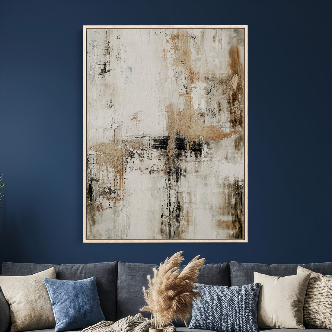 Neutral Abstract Wall Art Canvas Print, Beige Black Painterly Style Modern Art