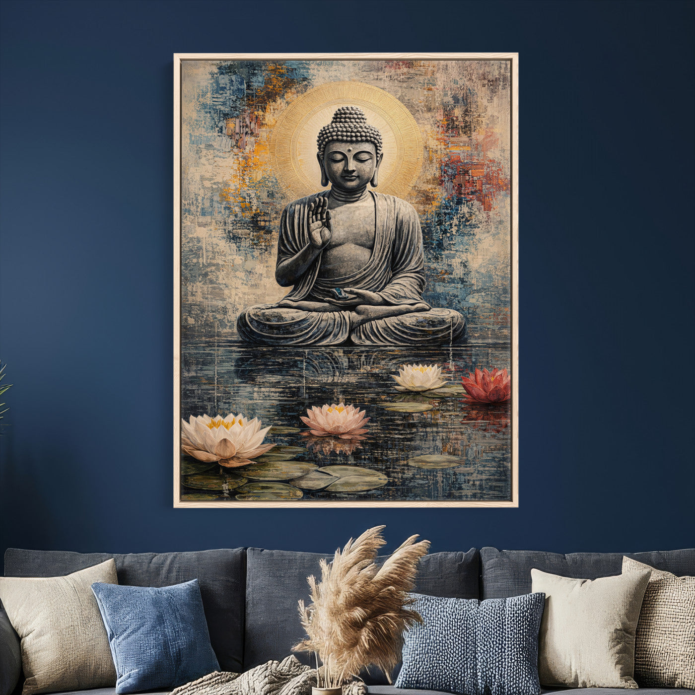 3812625445543-MGV-CV-24X36 - Serene Buddha with Lotus Flowers | Tranquil Meditation Art | Zen Wall Decor for Mindful Living Spaces | Spiritual Canvas Print
