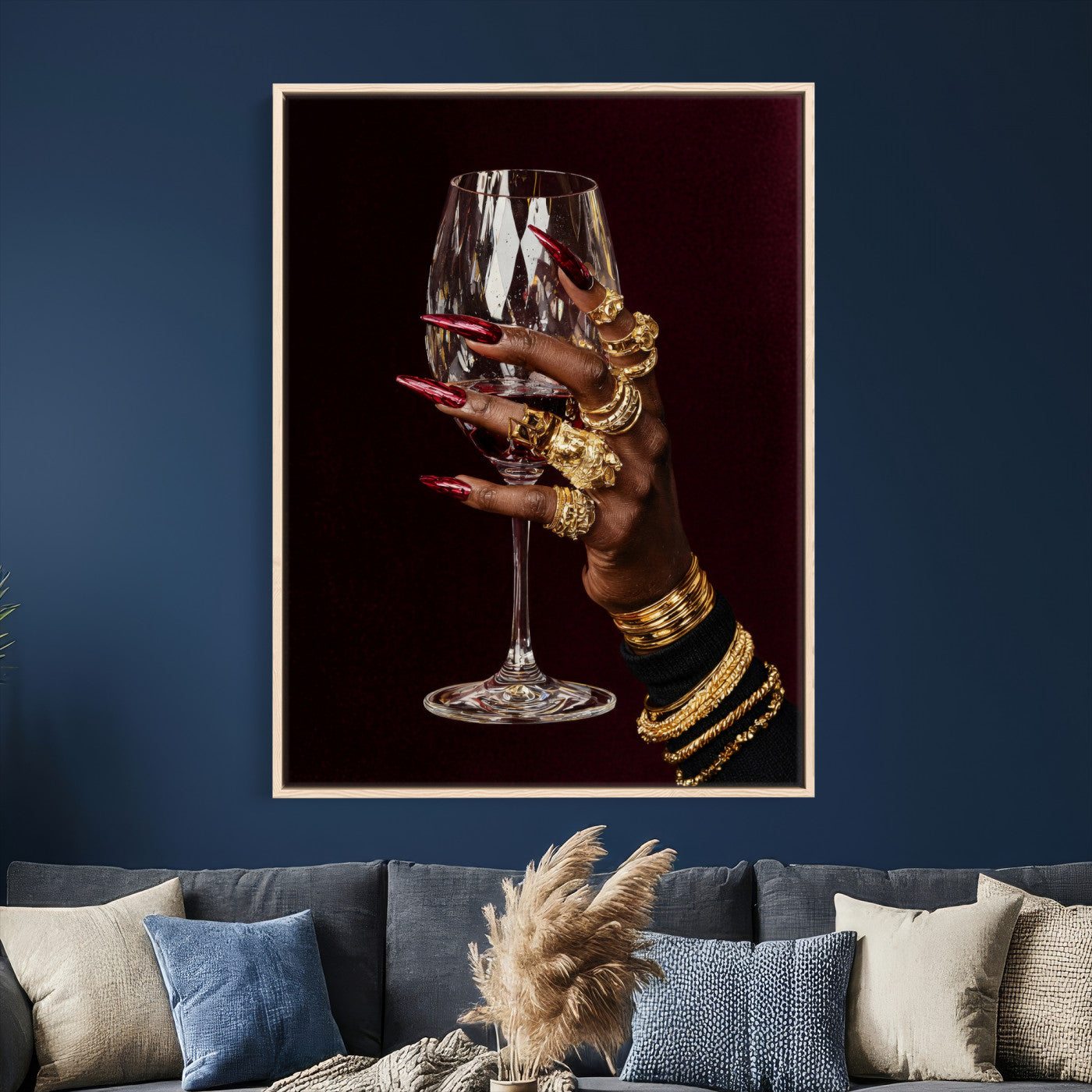 8151788Y6-MGV-CV-24X36 - Black Woman Holding Elegant Wine Glass Art, Black Girl Art, Black Woman Art, Trendy Black Girl Wall Art