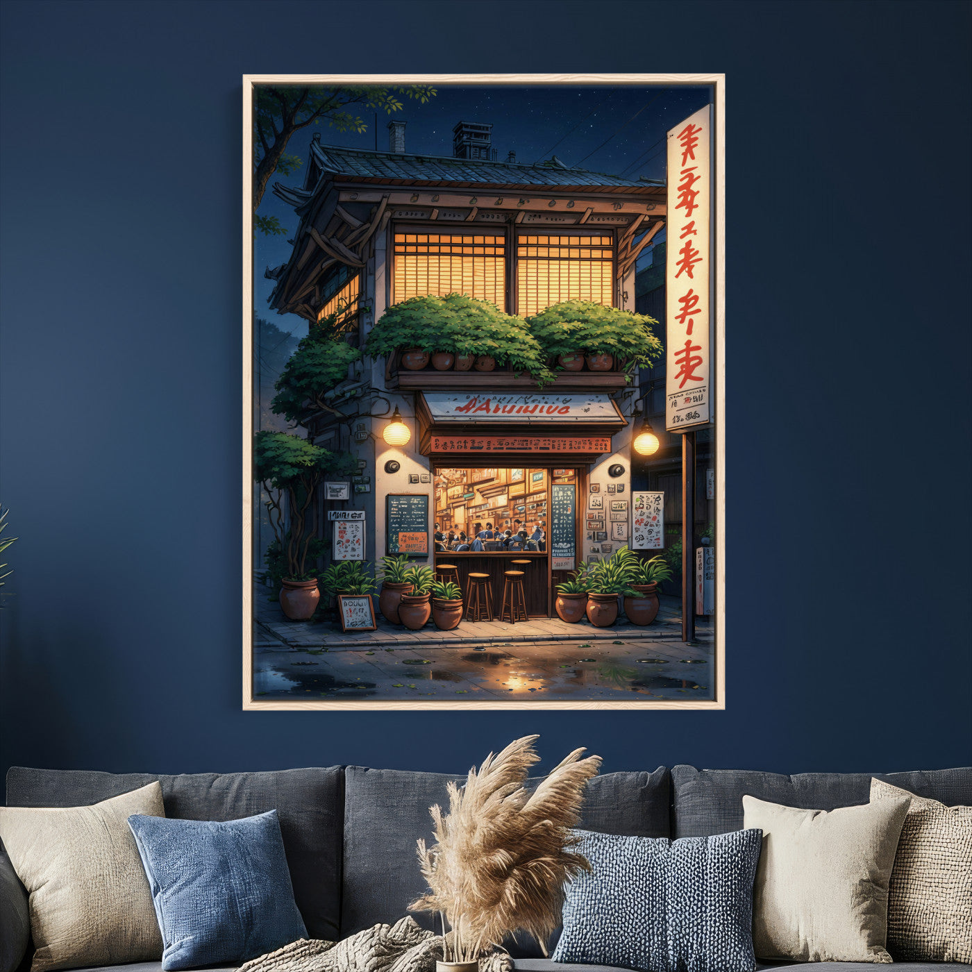 4712069TE1-MGV-CV-24X36 - Evening at the Ramen Shop Canvas Wall Art — Japan Night Anime Print | Japanese Restaurant Decor | Lofi Wall Art | Ramen Lover Gift