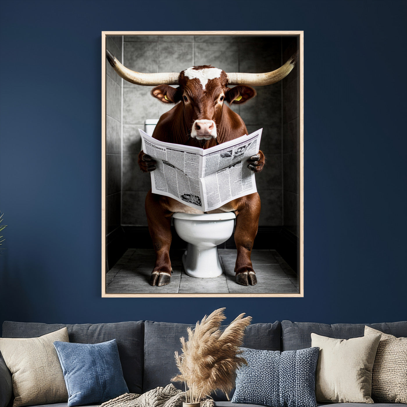 69808726-MGV-CV-24X36 - Texas Longhorn Cow Toilet Paper Canvas Wall Art, Funny Bathroom Black White Print, Cute Animal Humor Decor, Quirky Farmhouse Bathroom Art, Cow Lover Gift