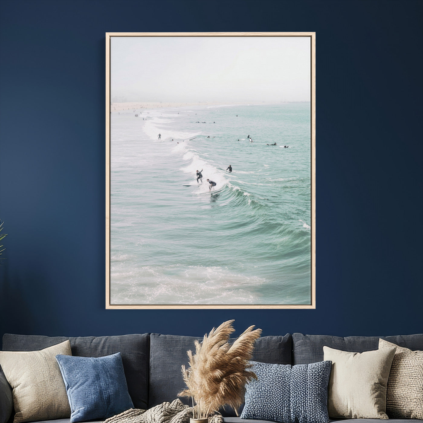 58043762-MGV-CV-24X36 - Surfers on Waves Canvas Wall Art, Aerial Ocean Photography Print, Mint Green Surf Decor, California Beach House Art, Coastal Sports Wall Decor