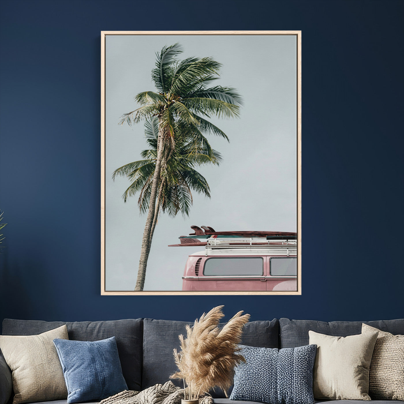 73117797-MGV-CV-24X36 - VW Van Palm Tree Canvas Wall Art, Pink Camper Surfboards Beach Print, Retro Surf Photography Decor, Coastal Boho Wall Art, Surfer Gift Idea