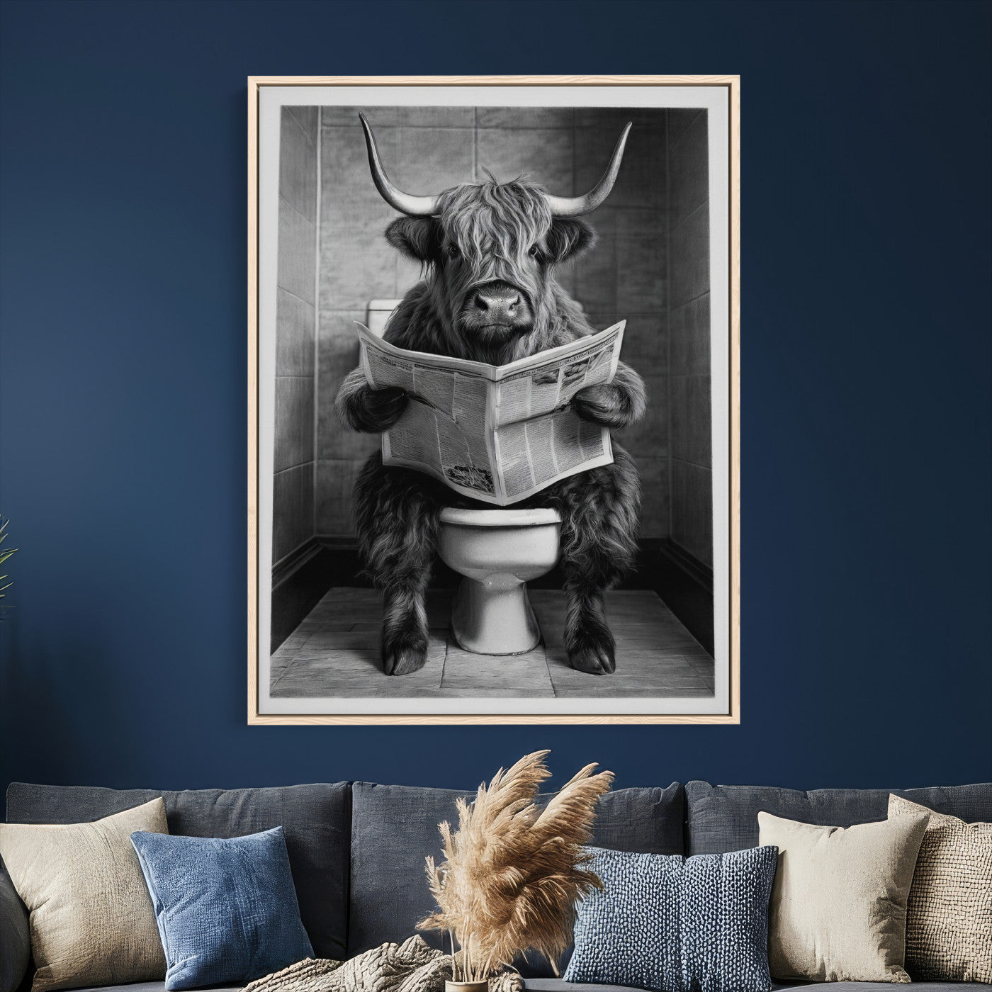 56930218-MGV-CV-24X36 - Funny Bathroom Canvas Wall Art, Texas Longhorn on Toilet Reading Newspaper, Humor Animal Print, Farmhouse Bathroom Decor, Quirky Cow Gift, Toilet Room Art