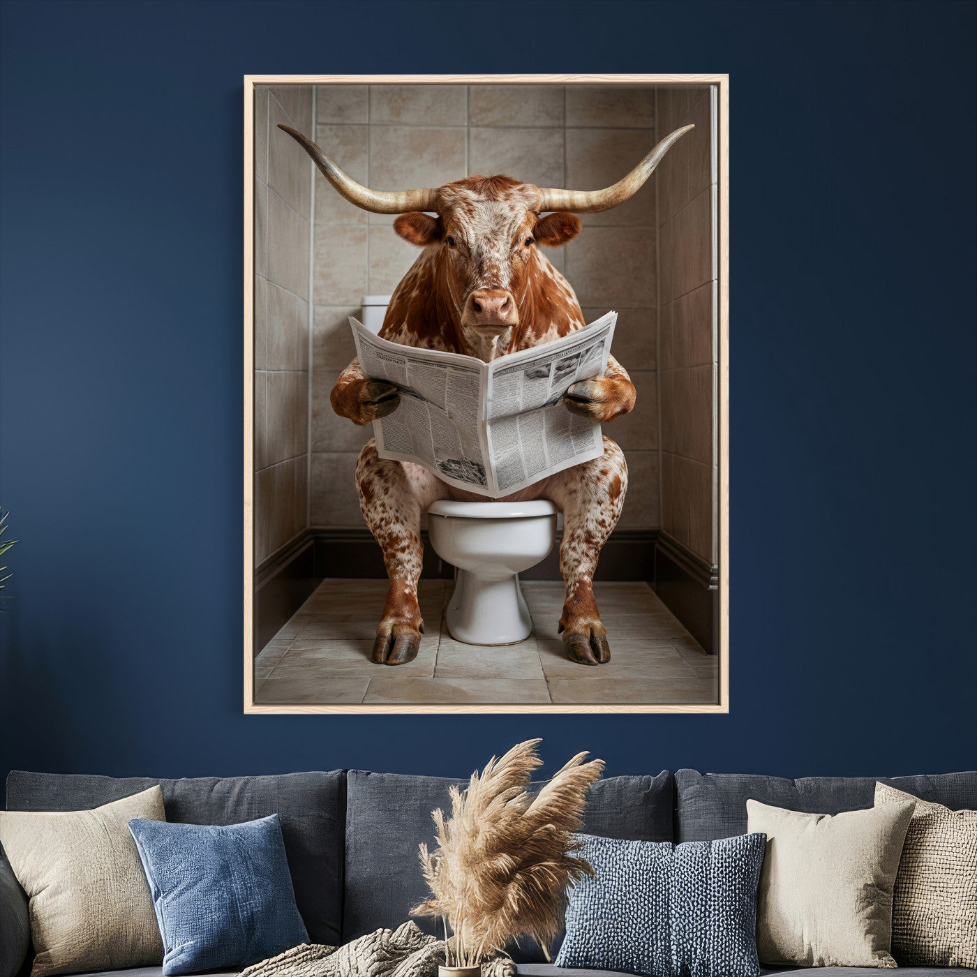 17728527-MGV-CV-24X36 - Funny Bathroom Canvas Wall Art, Texas Longhorn on Toilet Reading Newspaper, Humor Animal Print, Farmhouse Bathroom Decor, Quirky Cow Gift, Toilet Room Art