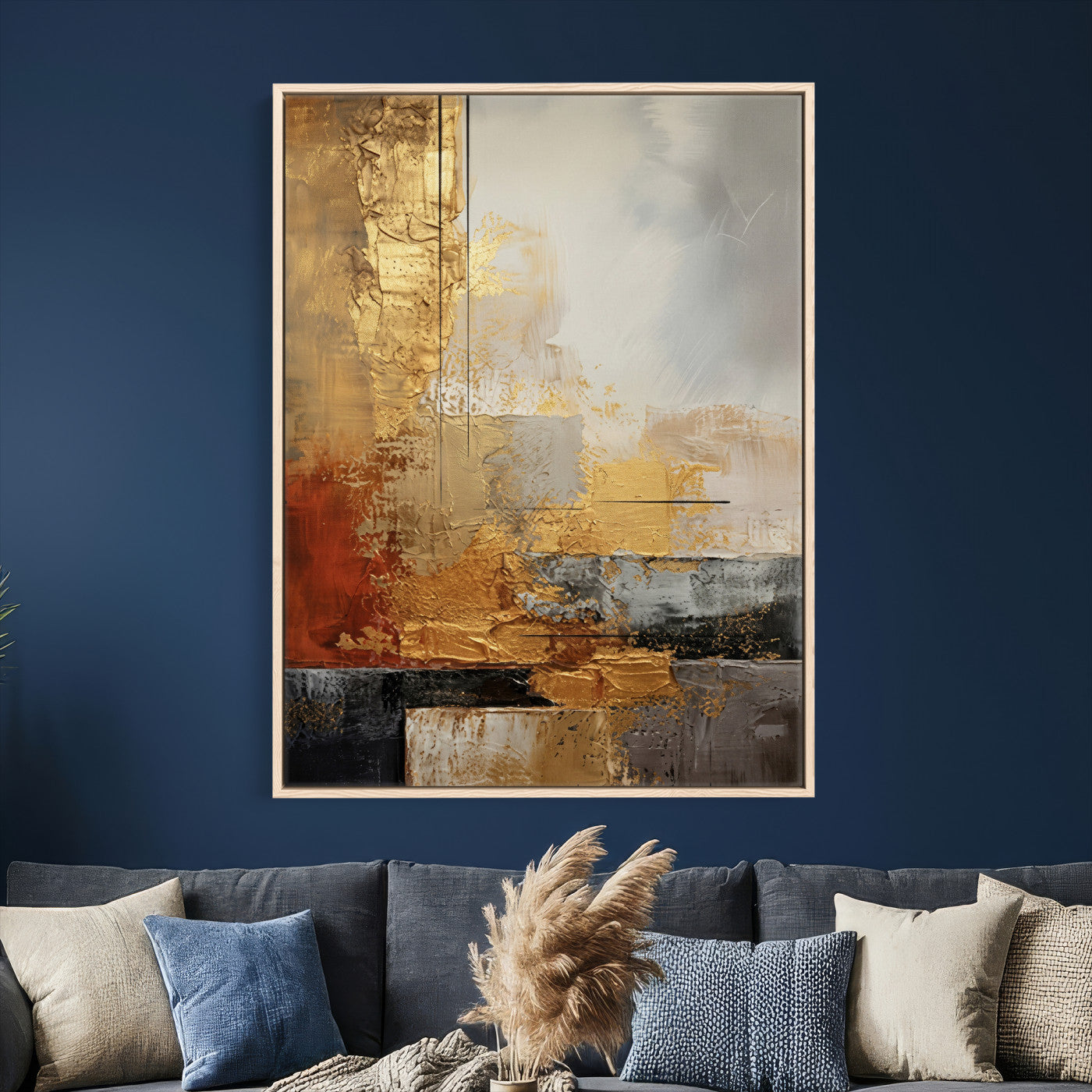 98453723G-MGV-CV-24X36 - Gold Abstract Canvas Wall Art, Luxury Textured Style Gold Leaf Painting Print, Modern Glam Decor, Gold Grey Rust Abstract Art, Living Room Statement Art