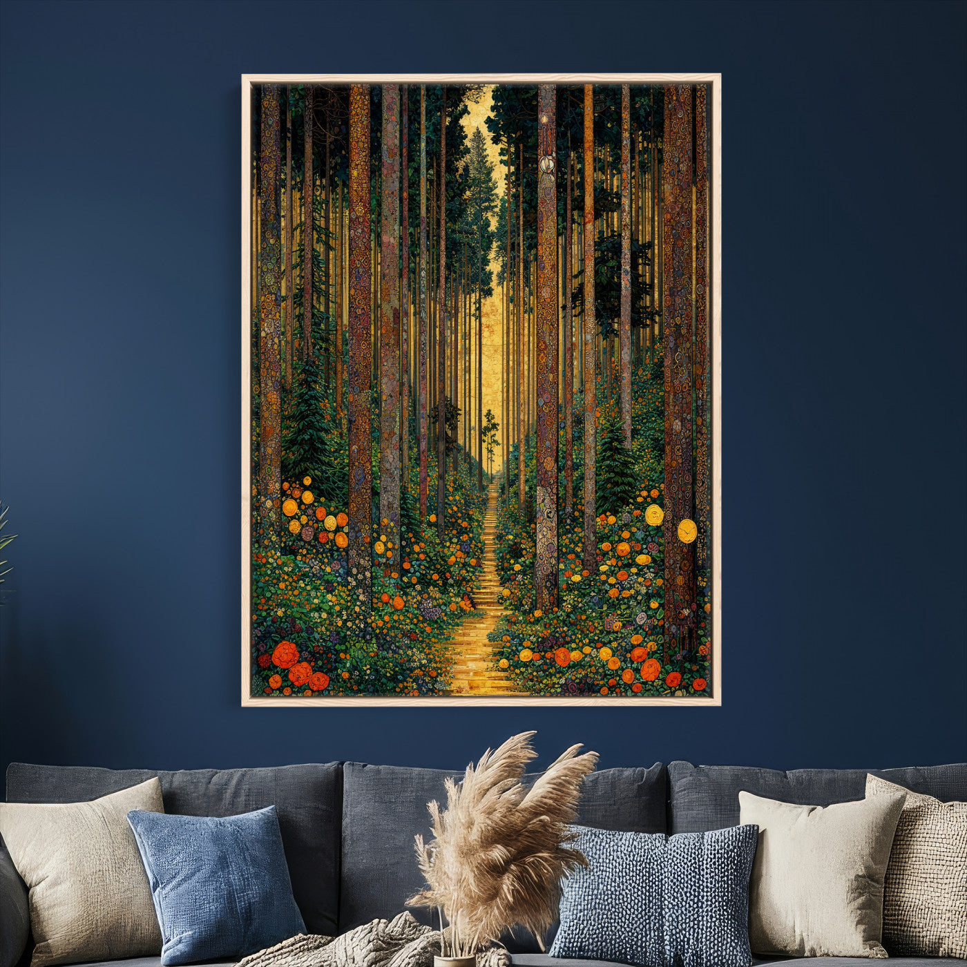 14391546-MGV-CV-24X36 - Gustav Klimt Style Forest Canvas Wall Art, Golden Forest Path Floral Art Nouveau Print, Enchanted Woodland Decor, Maximalist Colorful Nature Art