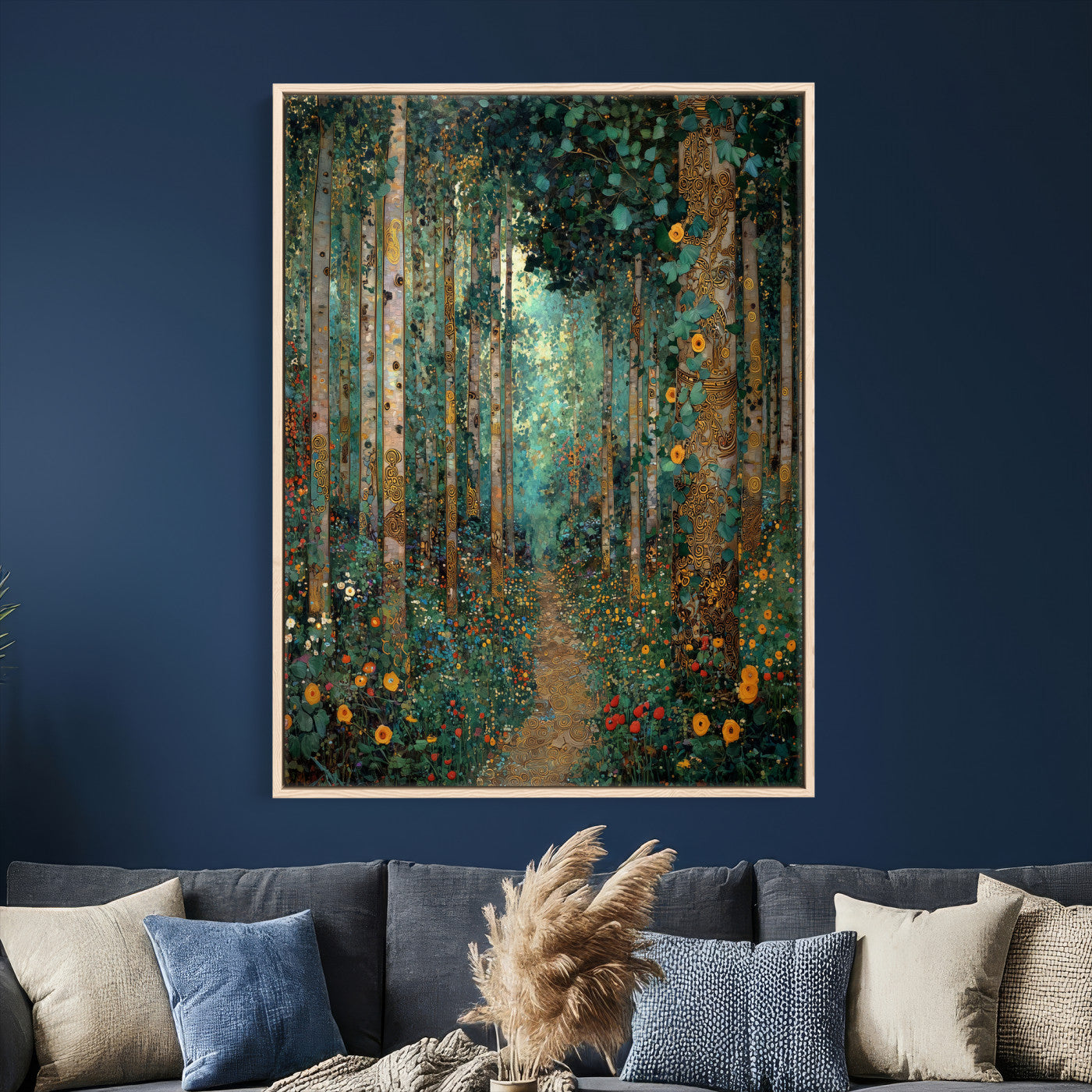 76587981-MGV-CV-24X36 - Gustav Klimt Style Forest Canvas Wall Art, Golden Forest Path Floral Art Nouveau Print, Enchanted Woodland Decor, Maximalist Colorful Nature Art