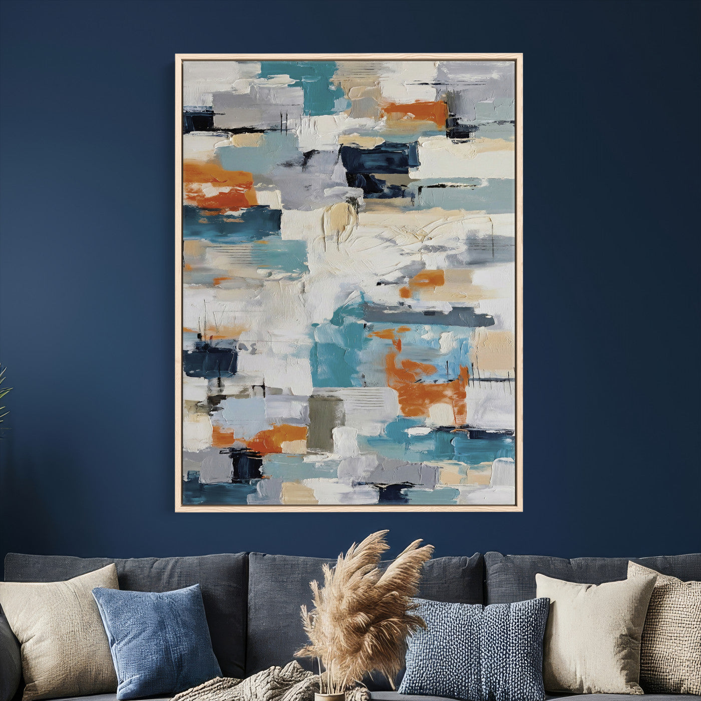 74742966-MGV-CV-24X36 - Blue Teal Abstract Canvas Wall Art, Modern Textured Painting Print, Navy Orange White Contemporary Art, Neutral Living Room Decor, Office Art