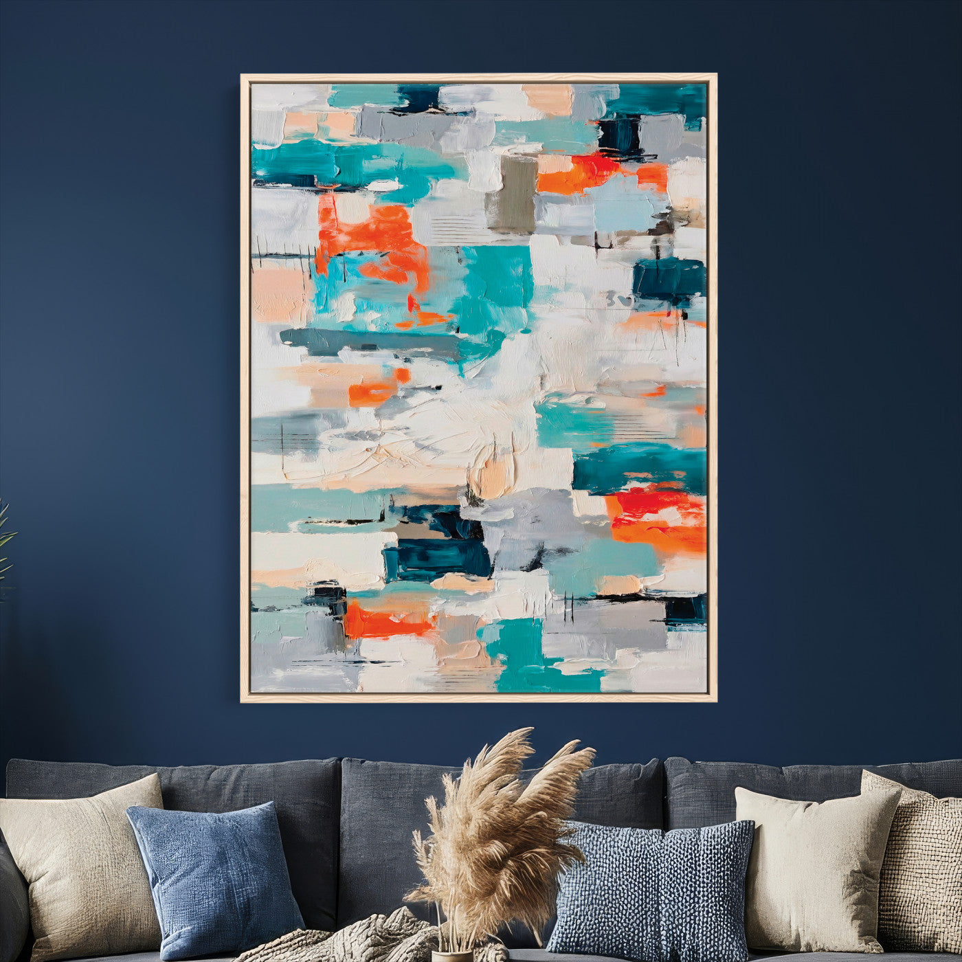 74742966-MGV-CV-24X36 - Blue Teal Abstract Canvas Wall Art - Modern Textured Painting Print, Navy Orange White Contemporary Art, Neutral Living Room Decor, Office Art