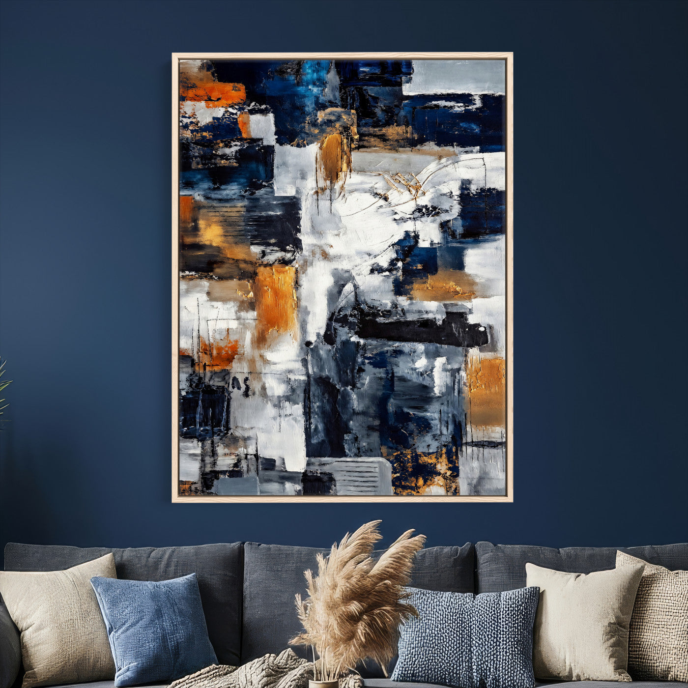 85264820-MGV-CV-24X36 - Blue Teal Abstract Canvas Wall Art, Modern Textured Painting Print, Navy Orange White Contemporary Art, Neutral Living Room Decor, Office Art