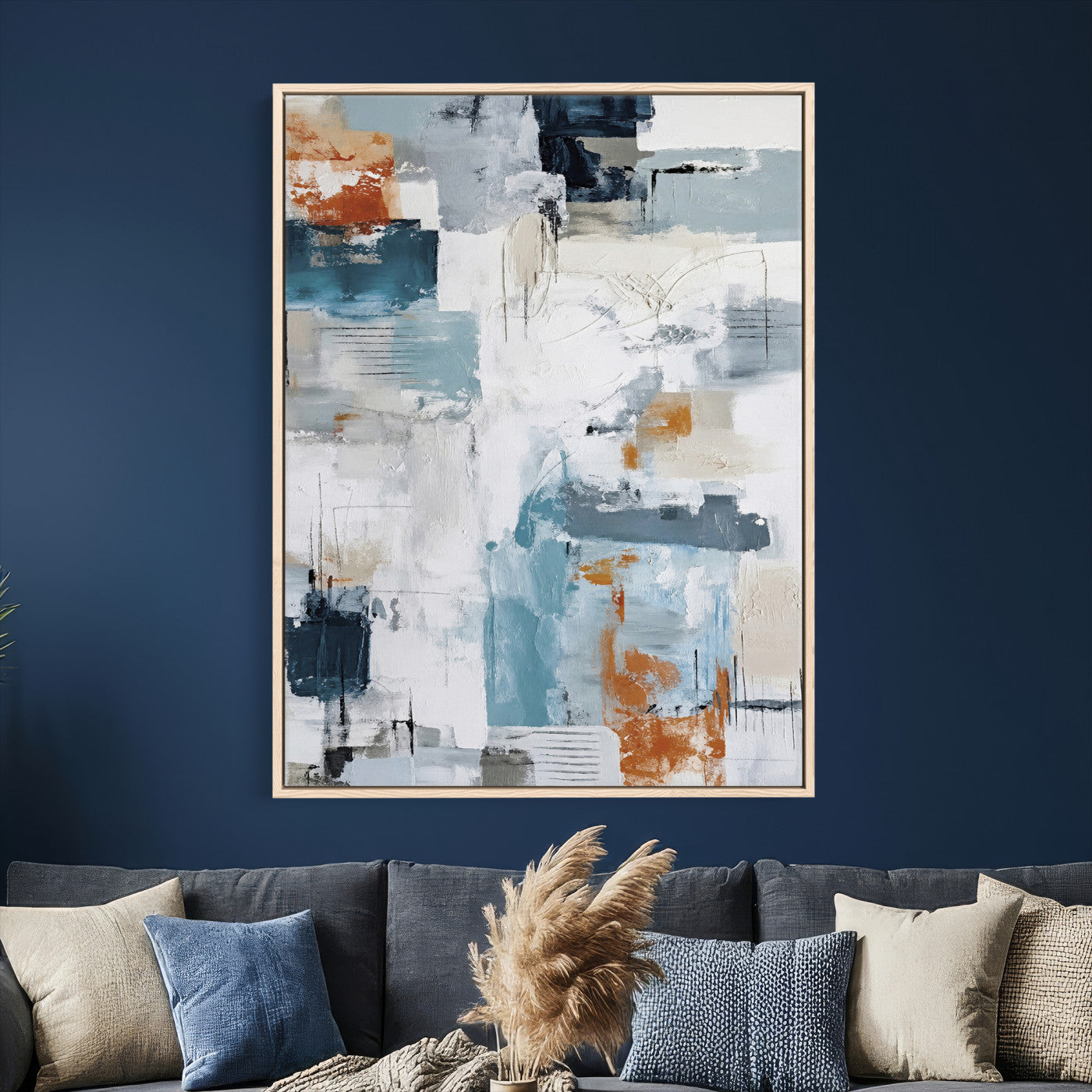 47011485-MGV-CV-24X36 - Blue Teal Abstract Canvas Wall Art, Modern Textured Painting Print, Navy Orange White Contemporary Art, Neutral Living Room Decor, Office Art