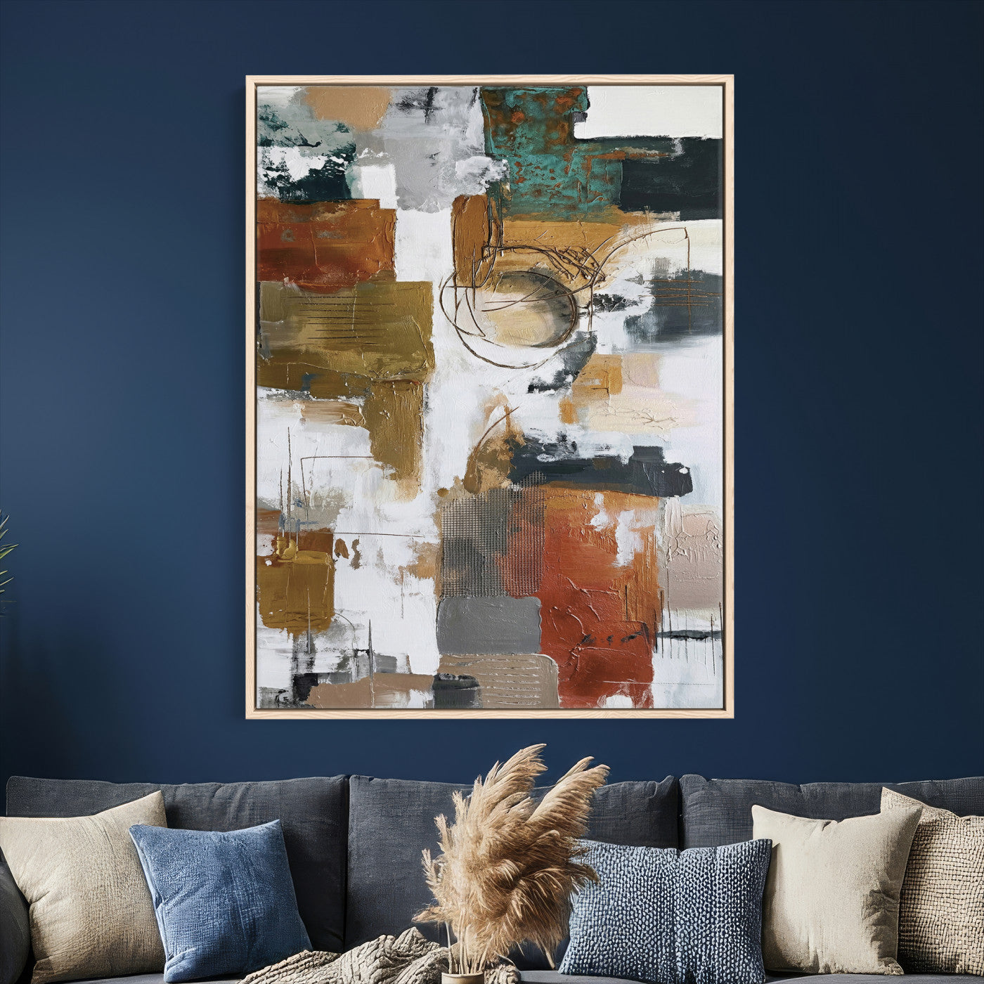 71530836-MGV-CV-24X36 - Blue Teal Abstract Canvas Wall Art, Modern Textured Painting Print, Navy Orange White Contemporary Art, Neutral Living Room Decor, Office Art