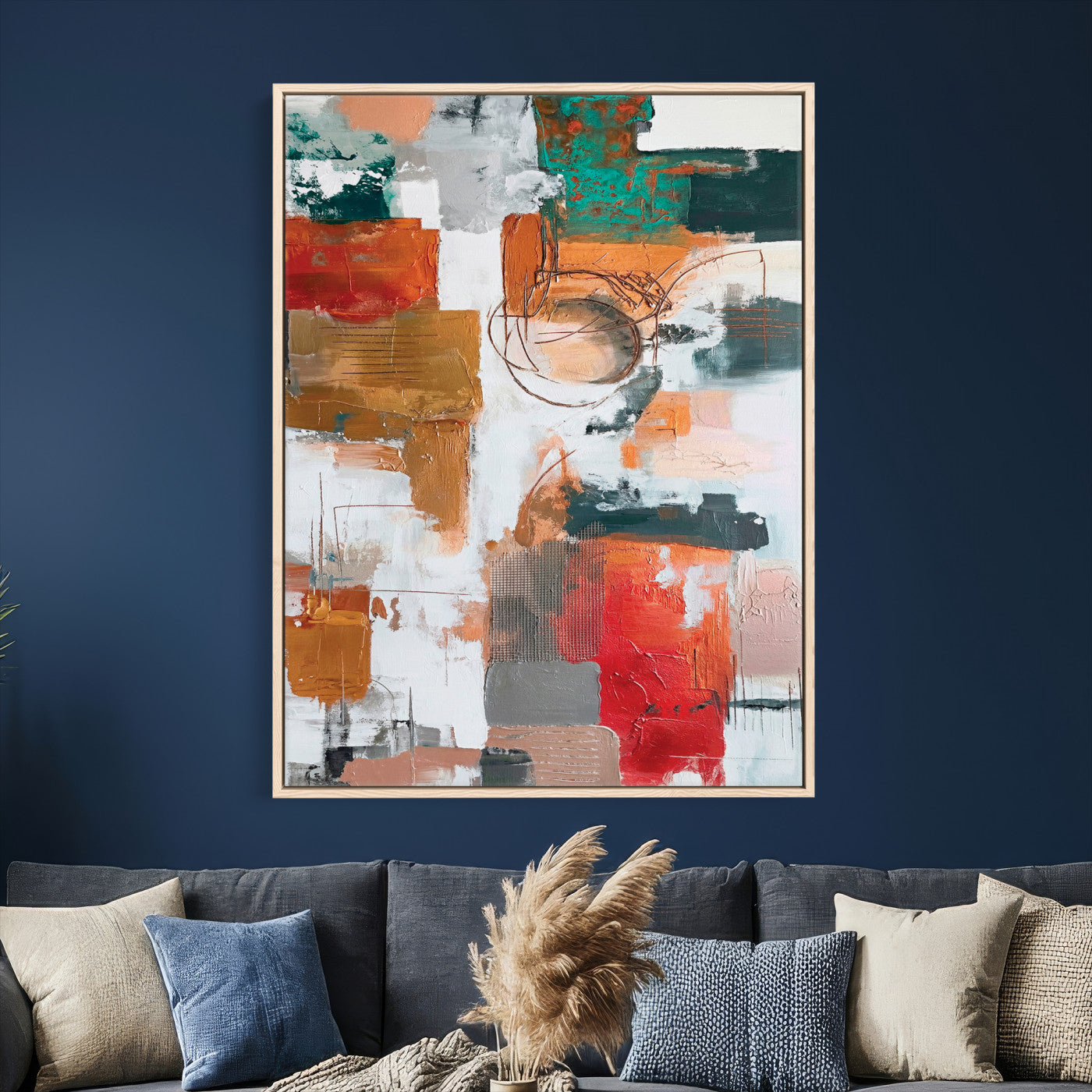 71530836-MGV-CV-24X36 - Blue Teal Abstract Canvas Wall Art | Modern Textured Painting Print, Navy Orange White Contemporary Art, Neutral Living Room Decor, Office Art