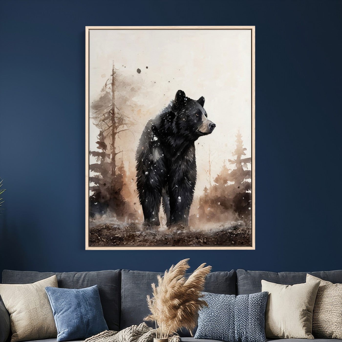 17399305-MGV-CV-24X36 - Black Bear Canvas Wall Art Winter Forest Watercolor Painting Print