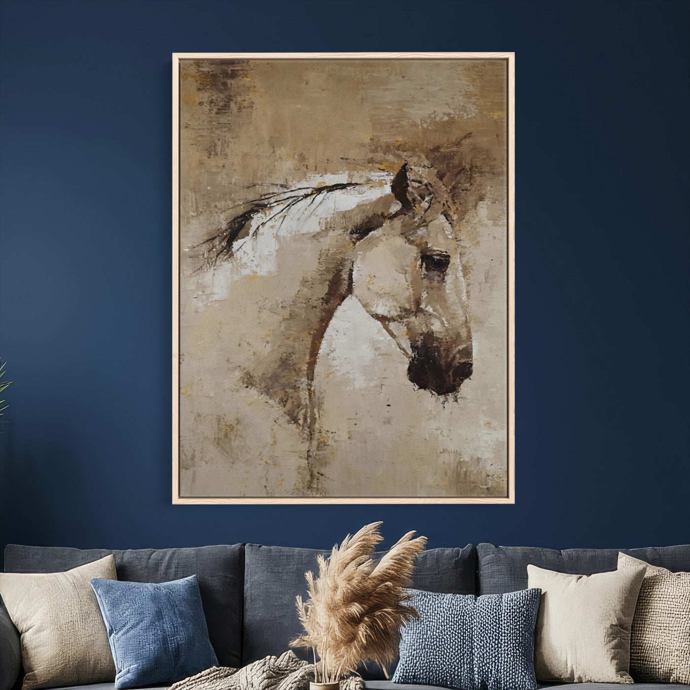 48488295-MGV-CV-24X36 - Rustic Horse Canvas Wall Art Neutral Tone Equestrian Oil Painting Print