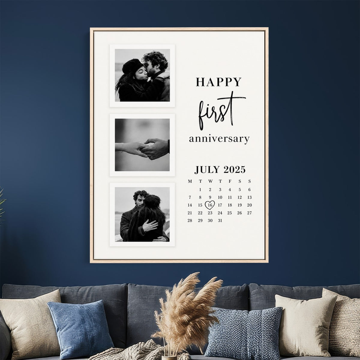 Anniversary calendar canvas with three framed photos