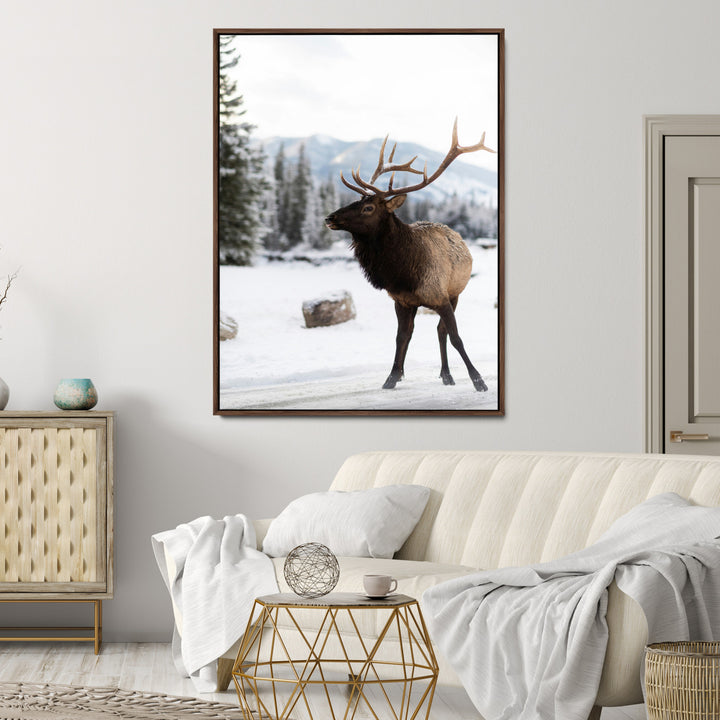 Elk Photography Wall Art Canvas Print, Framed Winter Wildlife Art Picture Print, Snowy Mountains Perfect Rustic Cabin Decor Decor Artwork
