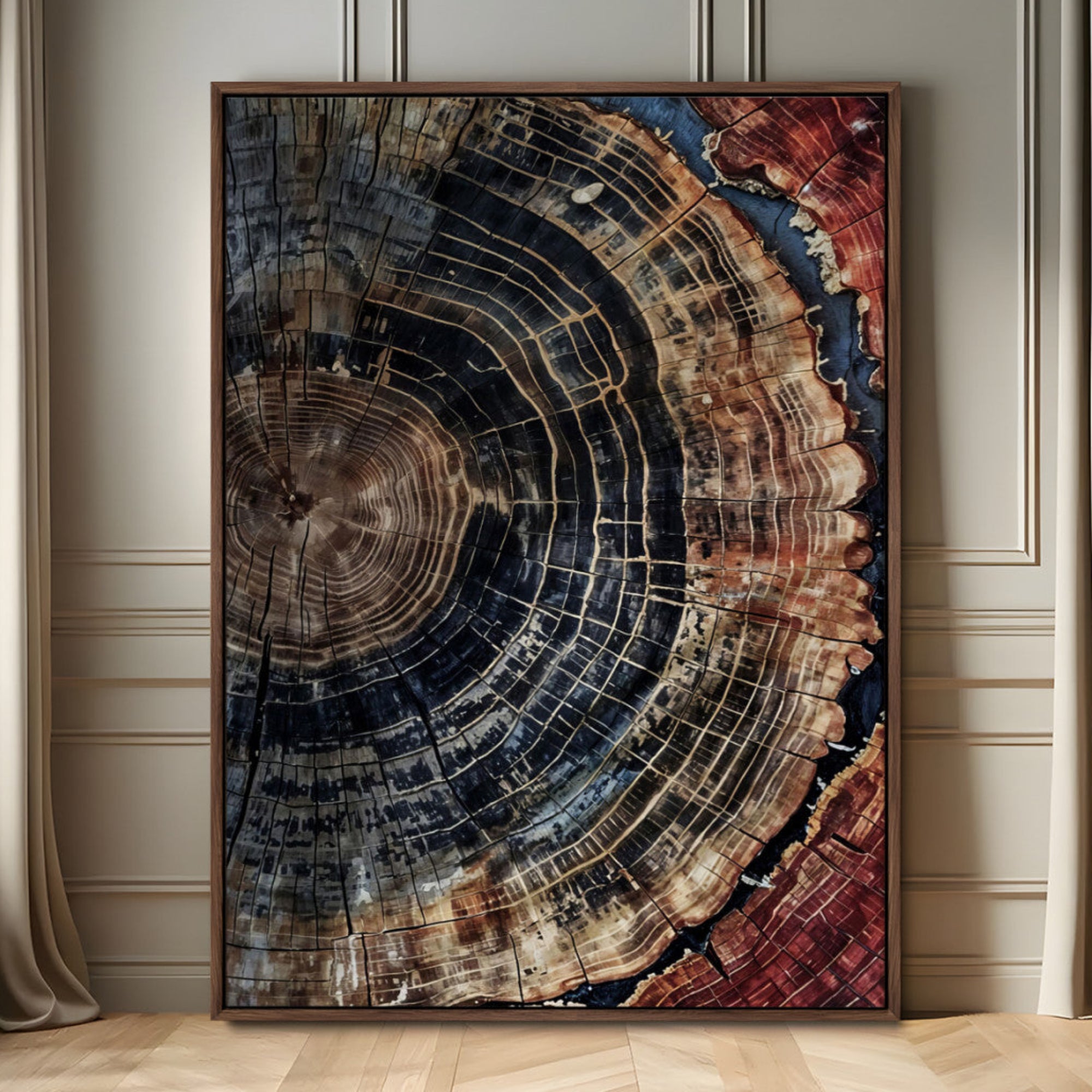 TEST3001-MGV-FC-24X36_Walnut-Tree Rings Wall Art Canvas Print – Framed Rustic Wood Scene with Natural Texture Artwork for Home, Office