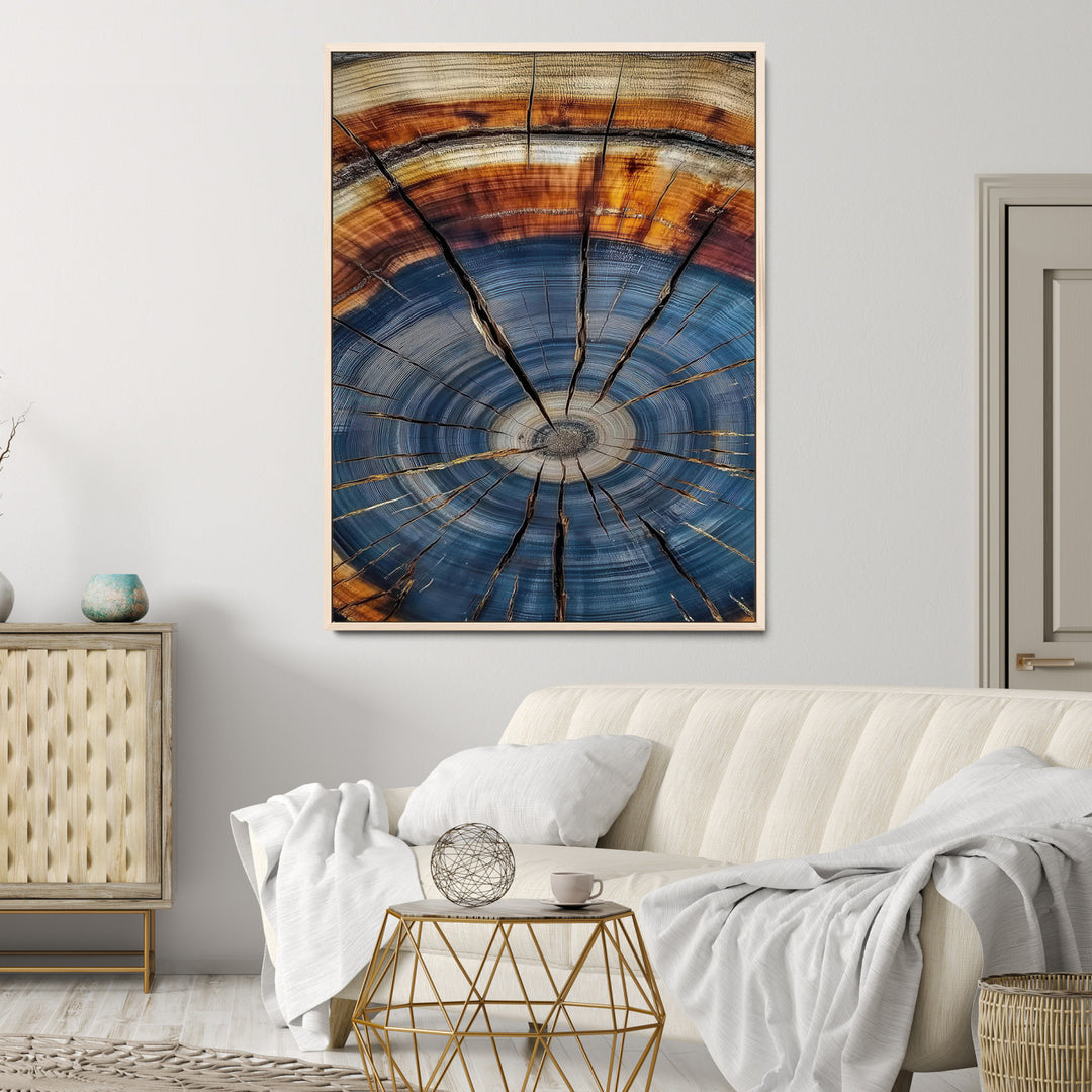 Tree Rings Wall Art Canvas Print, Framed Wood Texture Art Picture Print, Blue Grain Perfect Rustic Modern Decor Artwork, Wood Texture Wall Art Canvas
