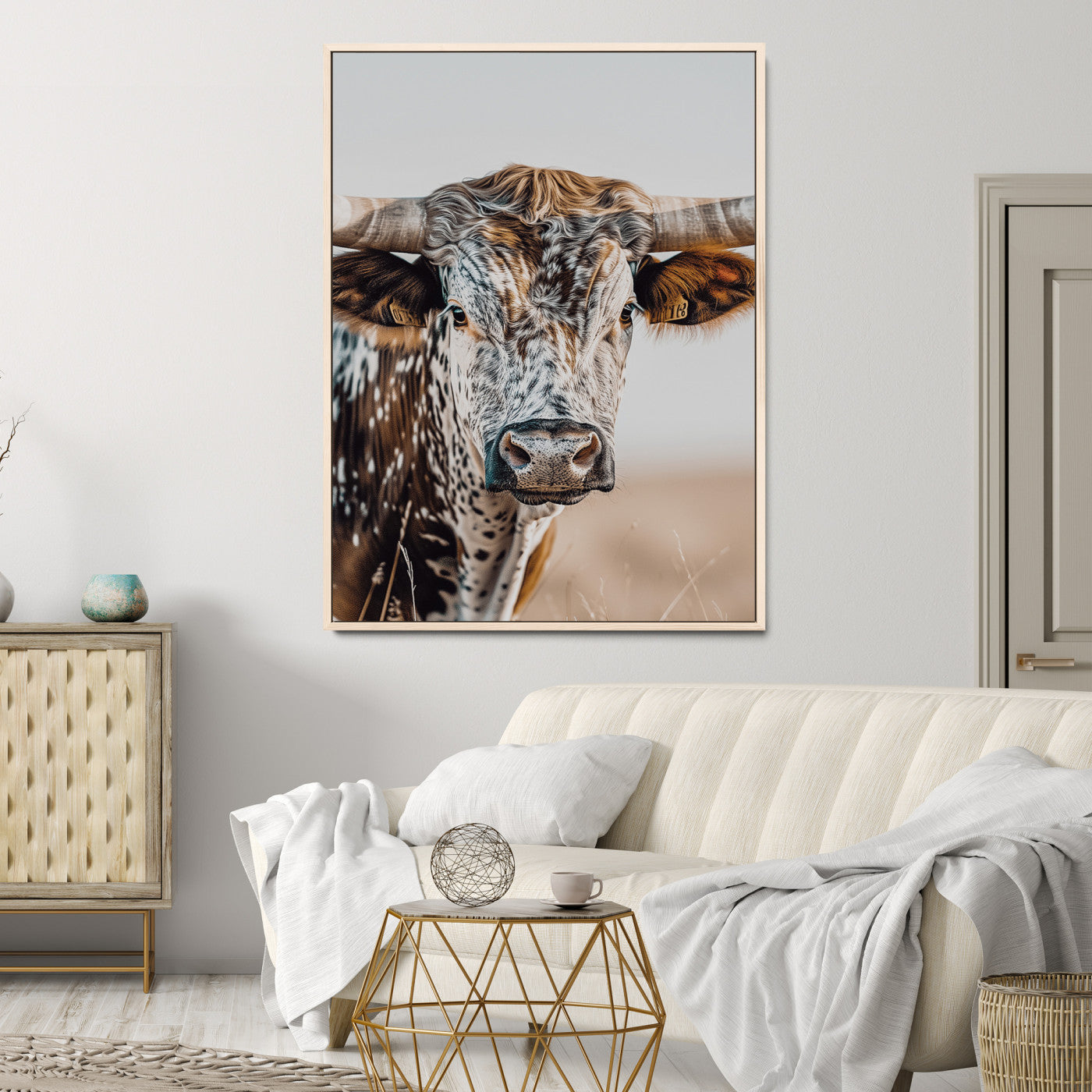 Texas Longhorn Wall Art Canvas Print, Framed Speckled Cow Art Picture Print, Horned Bull Perfect Rustic Western Decor, Texas Longhorn Canvas