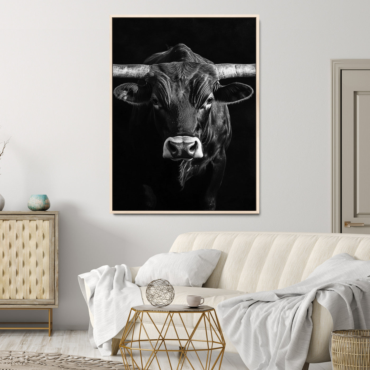 Texas Longhorn Wall Art Canvas Print, Framed Monochrome Bull Art Picture Print, Texas Bull Wall Art Canvas Print