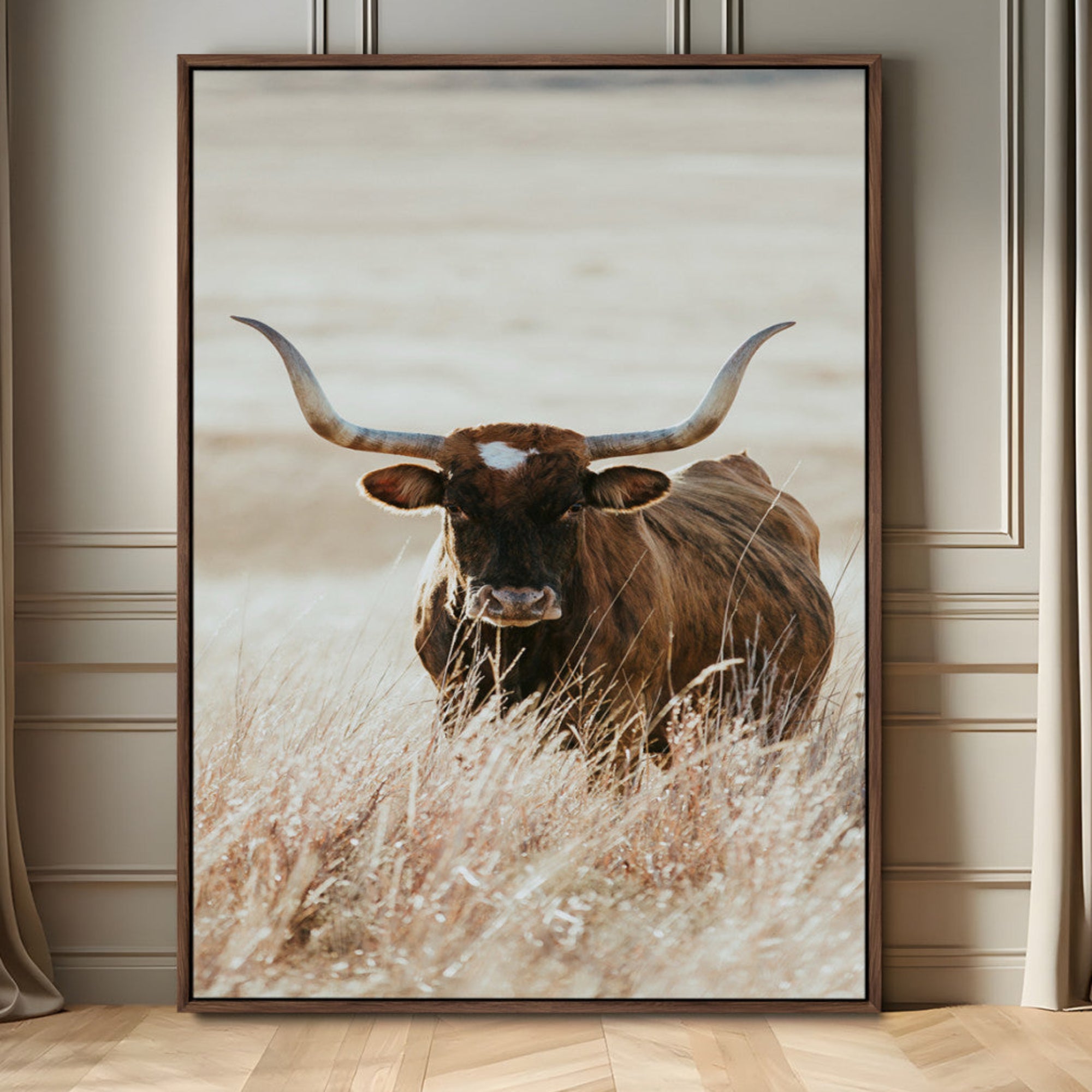 20990845-MGV-FC-24X36_Walnut-Texas Longhorn Wall Art Canvas Print, Framed Brown Cattle Art Picture Print, Horned Bull Perfect Rustic Western Decor Artwork